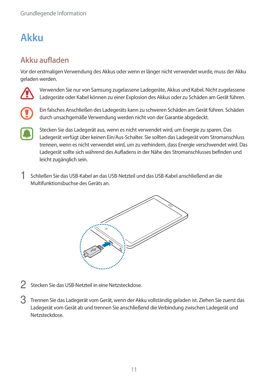 Samsung SM-T585NZWADBT, SM-T585NZKEDBT, SM-T585NZKADBT, SM-T585NZWEDBT manual Akku aufladen 