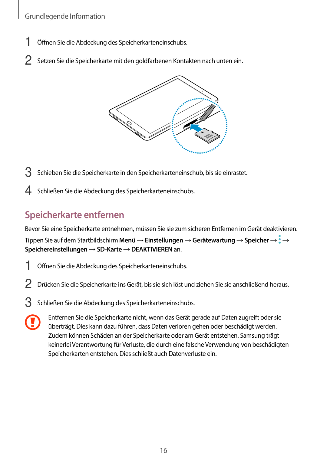 Samsung SM-T585NZKEDBT, SM-T585NZKADBT, SM-T585NZWEDBT, SM-T585NZWADBT manual Speicherkarte entfernen 