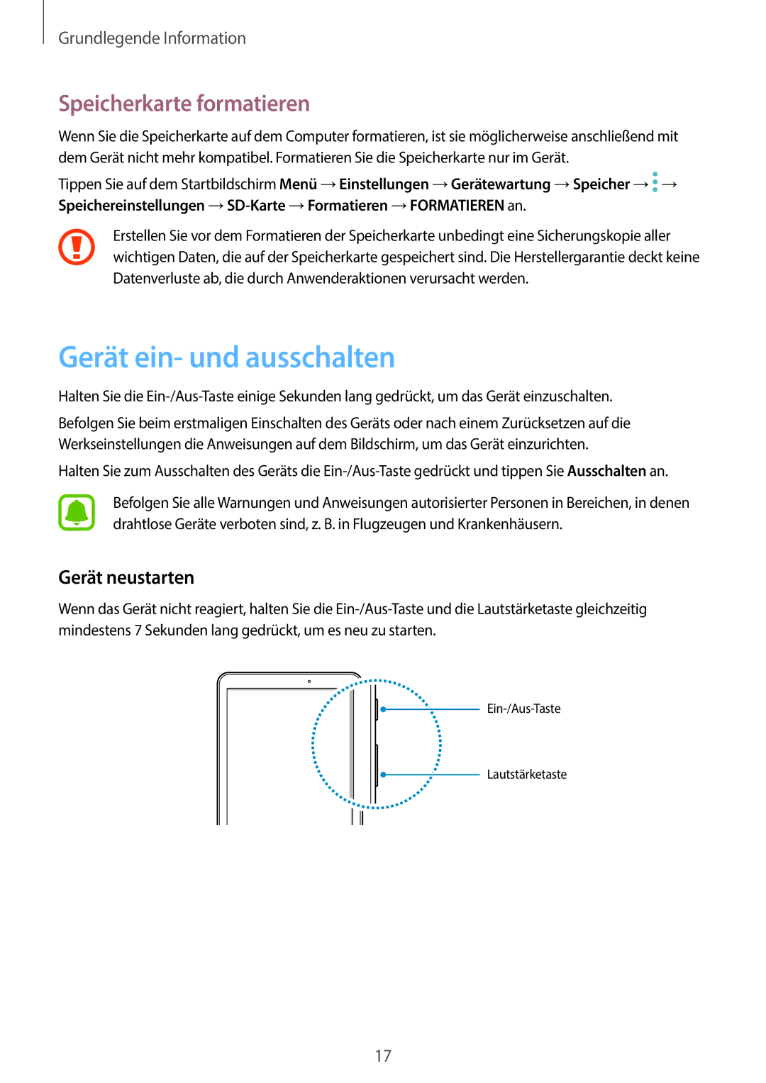 Samsung SM-T585NZKADBT, SM-T585NZKEDBT manual Gerät ein- und ausschalten, Speicherkarte formatieren, Gerät neustarten 