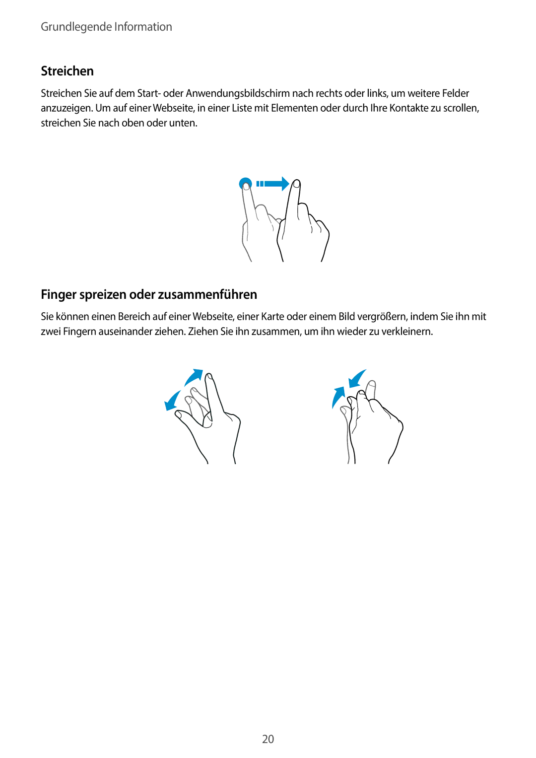 Samsung SM-T585NZKEDBT, SM-T585NZKADBT, SM-T585NZWEDBT, SM-T585NZWADBT manual Streichen, Finger spreizen oder zusammenführen 