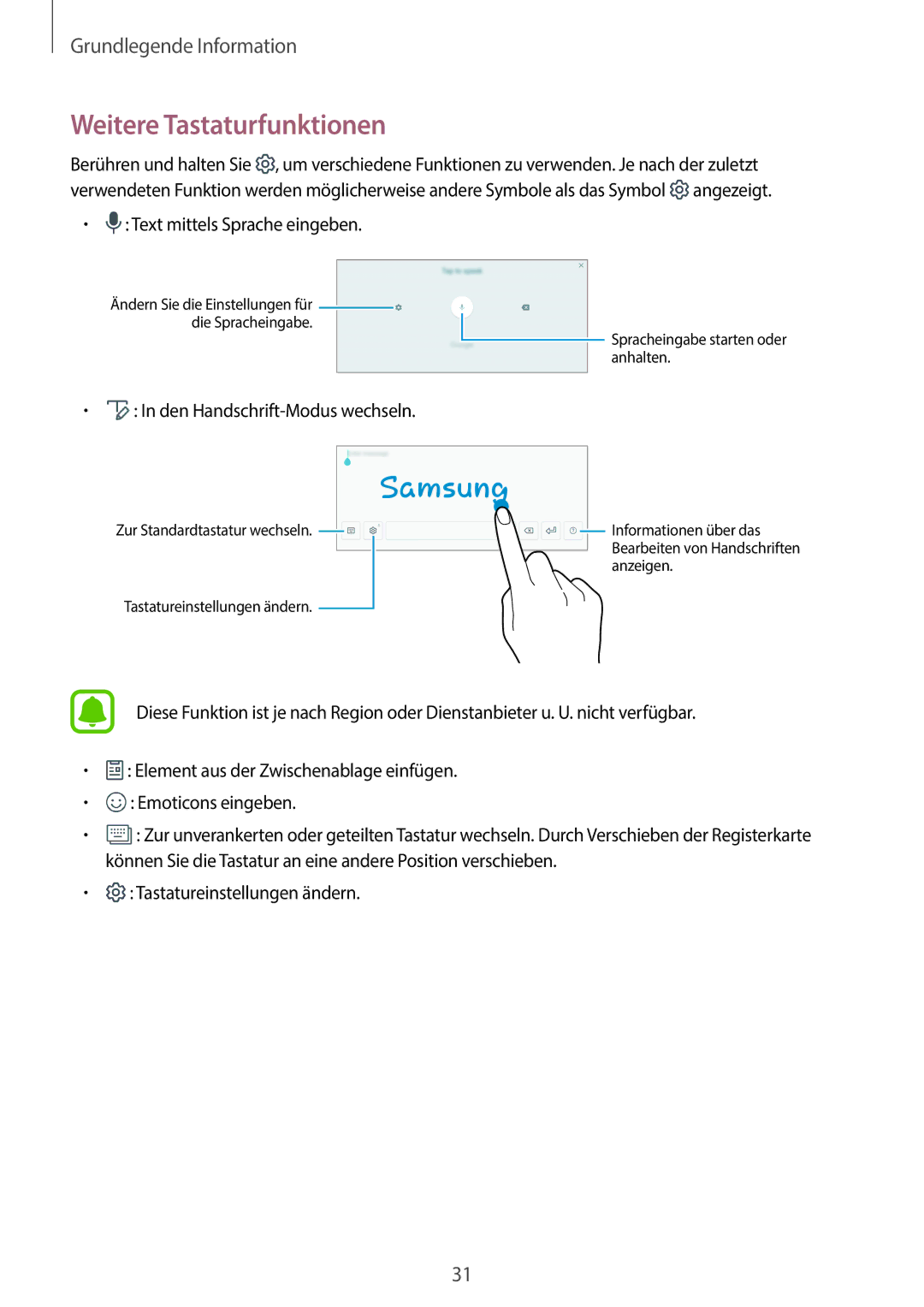 Samsung SM-T585NZWADBT, SM-T585NZKEDBT, SM-T585NZKADBT manual Weitere Tastaturfunktionen, Den Handschrift-Modus wechseln 