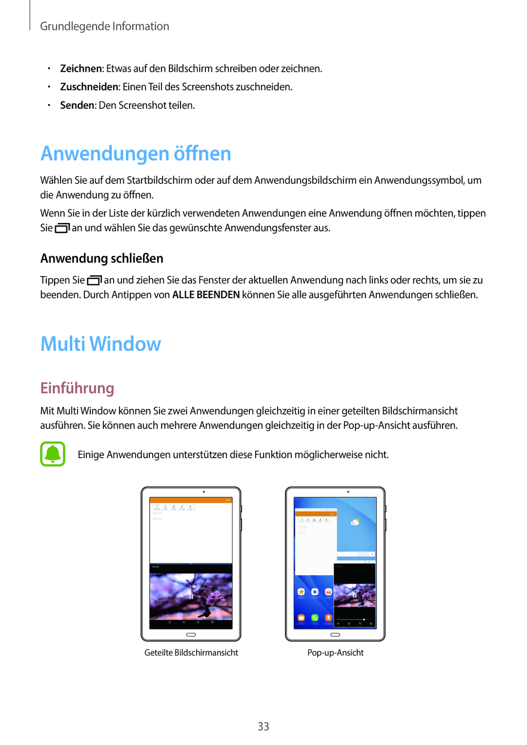 Samsung SM-T585NZKADBT, SM-T585NZKEDBT, SM-T585NZWEDBT Anwendungen öffnen, Multi Window, Einführung, Anwendung schließen 