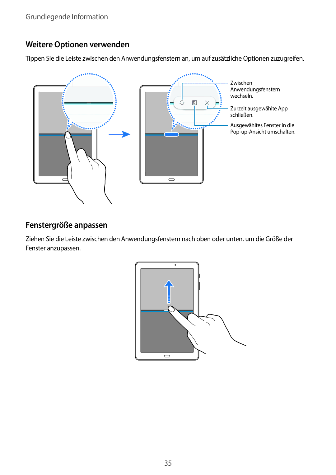 Samsung SM-T585NZWADBT, SM-T585NZKEDBT, SM-T585NZKADBT, SM-T585NZWEDBT Weitere Optionen verwenden, Fenstergröße anpassen 