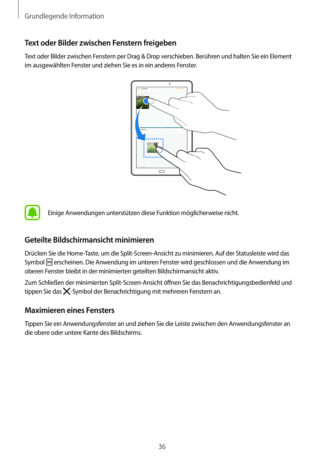 Samsung SM-T585NZKEDBT, SM-T585NZKADBT Text oder Bilder zwischen Fenstern freigeben, Geteilte Bildschirmansicht minimieren 