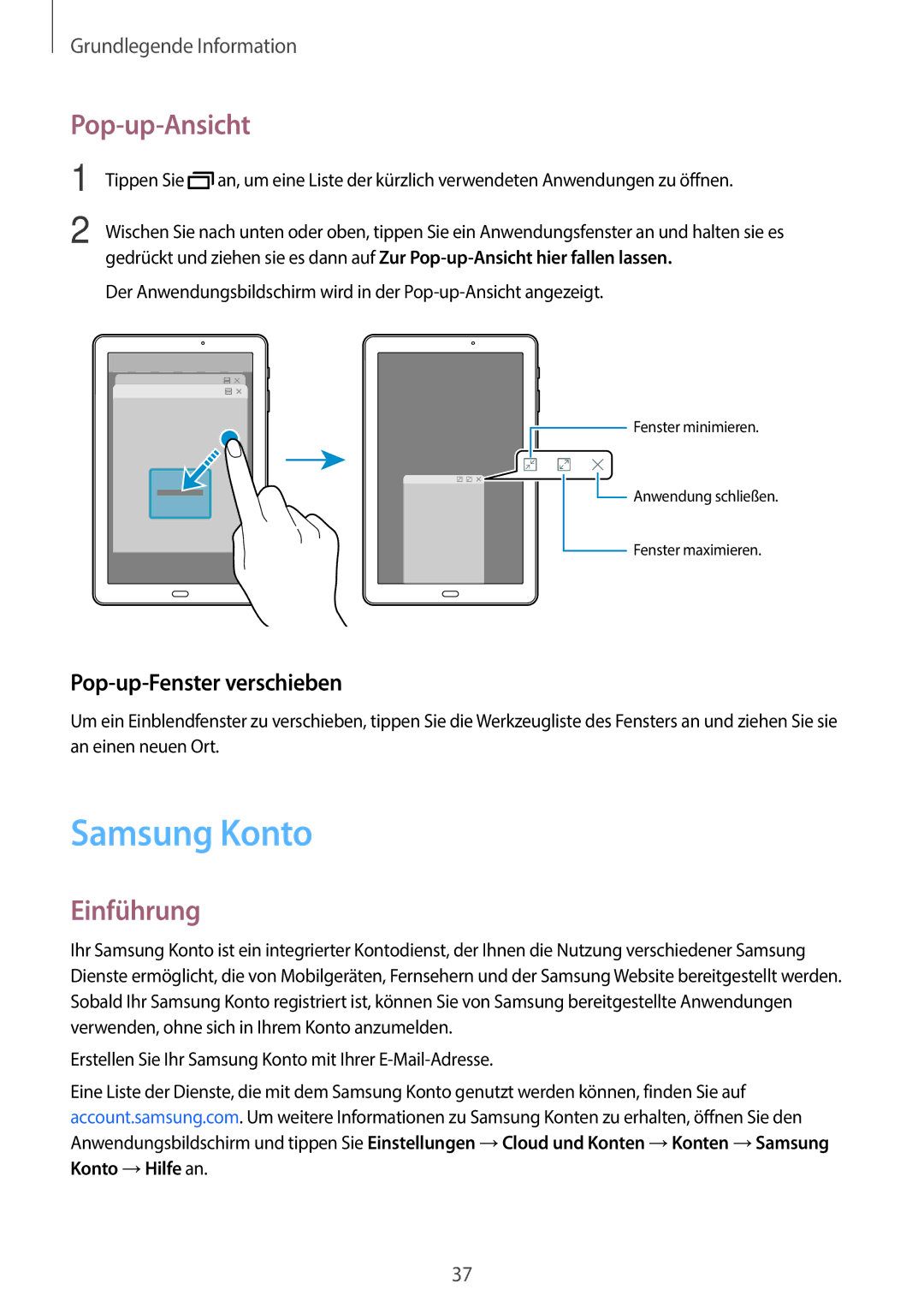 Samsung SM-T585NZKADBT, SM-T585NZKEDBT, SM-T585NZWEDBT manual Samsung Konto, Pop-up-Ansicht, Pop-up-Fenster verschieben 