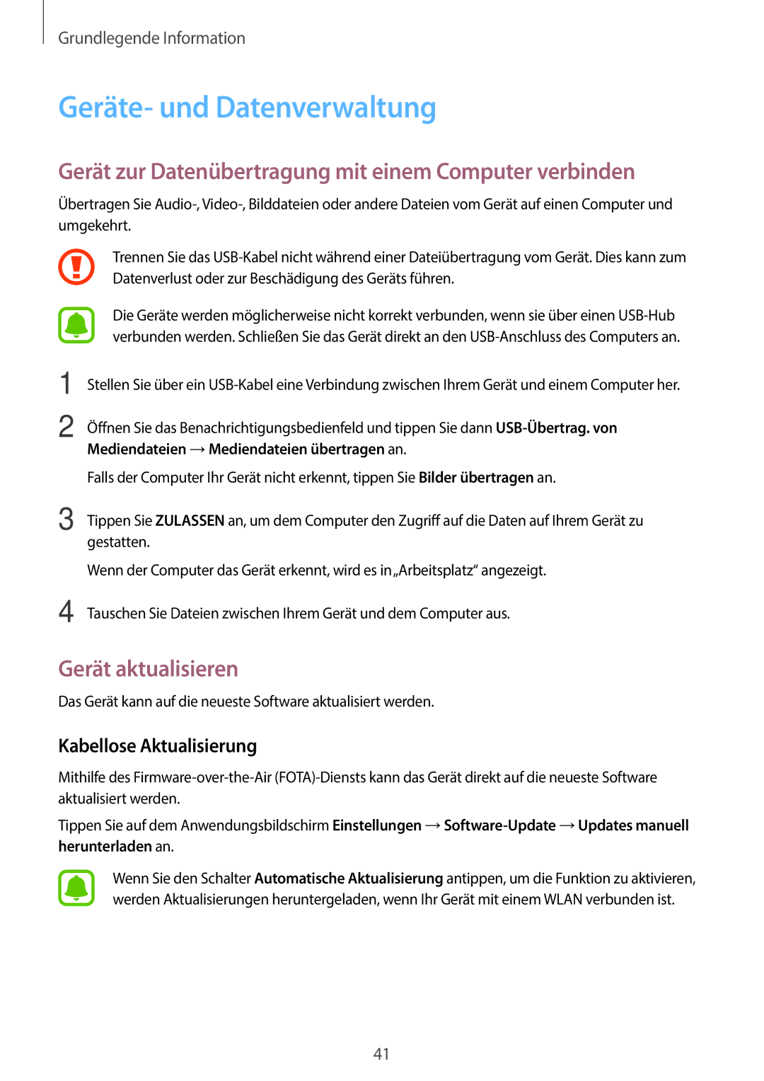 Samsung SM-T585NZKADBT manual Geräte- und Datenverwaltung, Gerät zur Datenübertragung mit einem Computer verbinden 