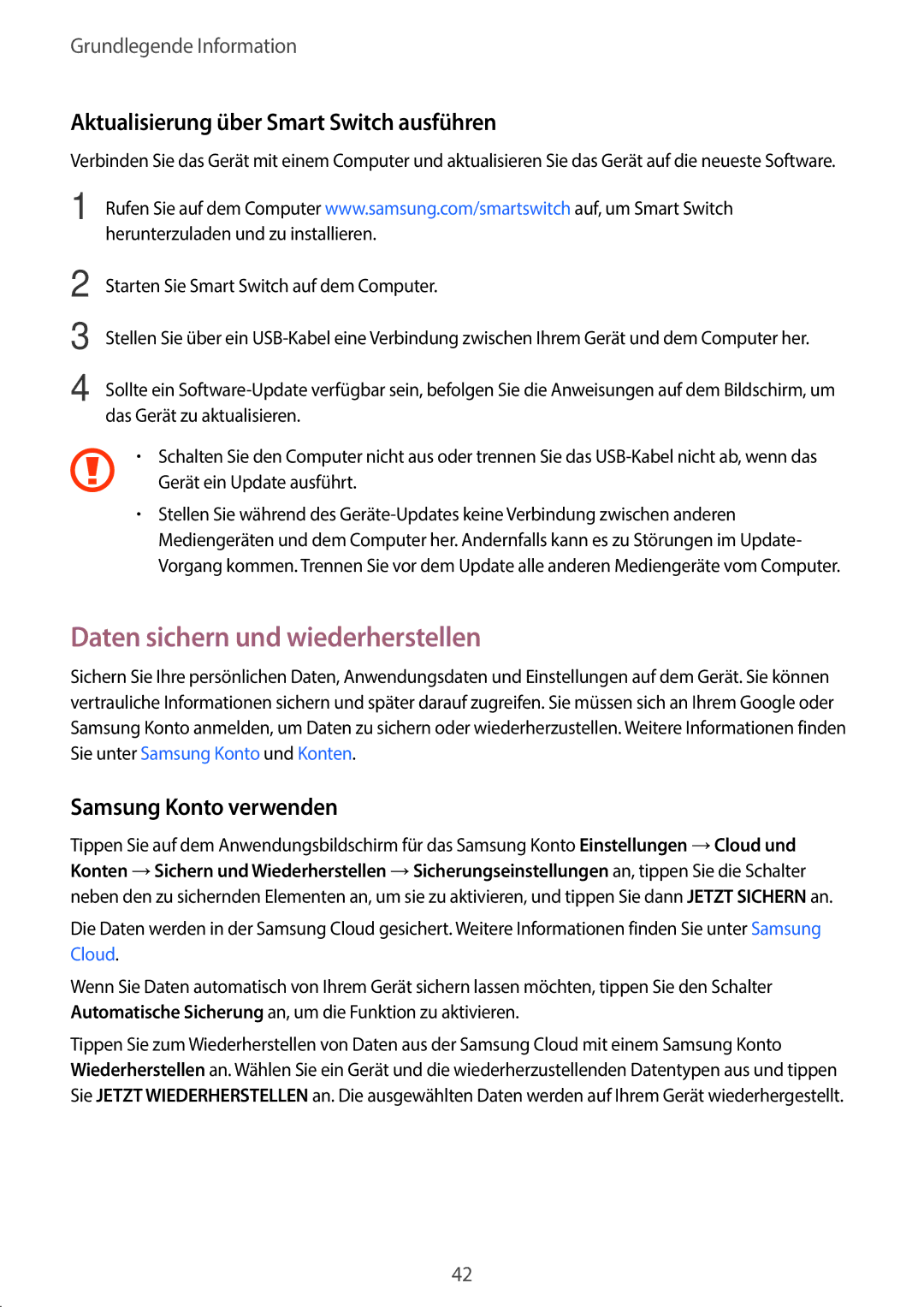 Samsung SM-T585NZWEDBT, SM-T585NZKEDBT manual Daten sichern und wiederherstellen, Aktualisierung über Smart Switch ausführen 