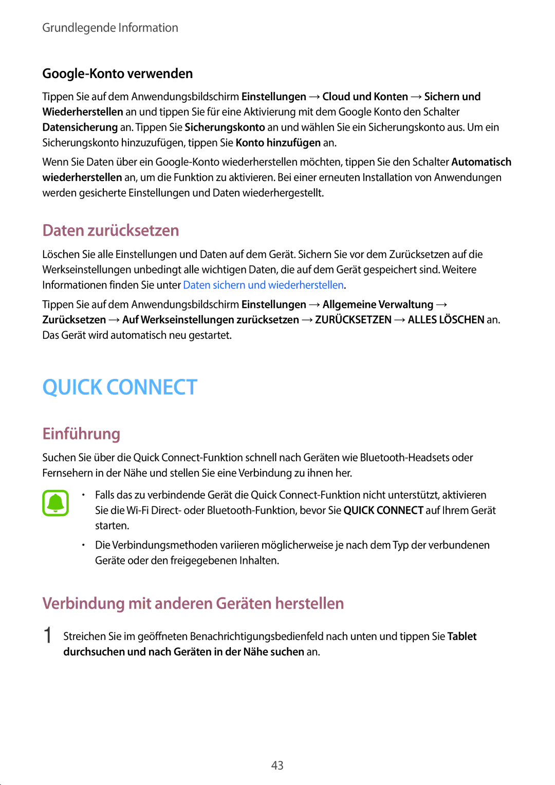 Samsung SM-T585NZWADBT manual Daten zurücksetzen, Verbindung mit anderen Geräten herstellen, Google-Konto verwenden 