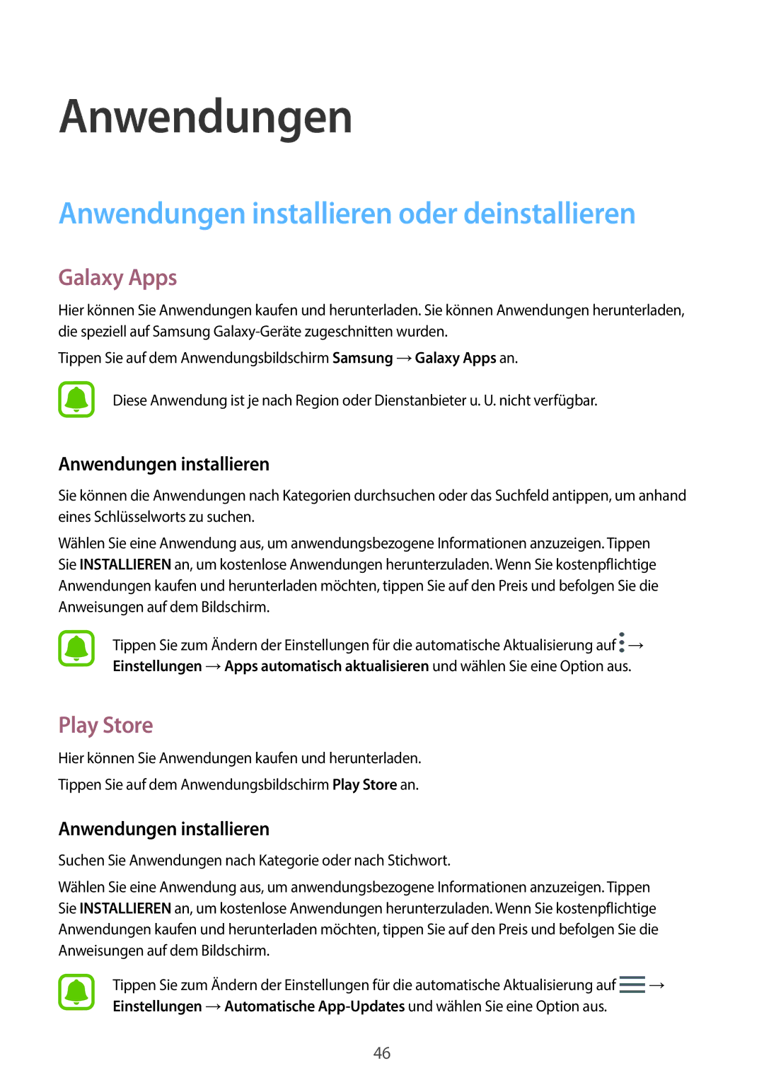 Samsung SM-T585NZWEDBT, SM-T585NZKEDBT manual Anwendungen installieren oder deinstallieren, Galaxy Apps, Play Store 