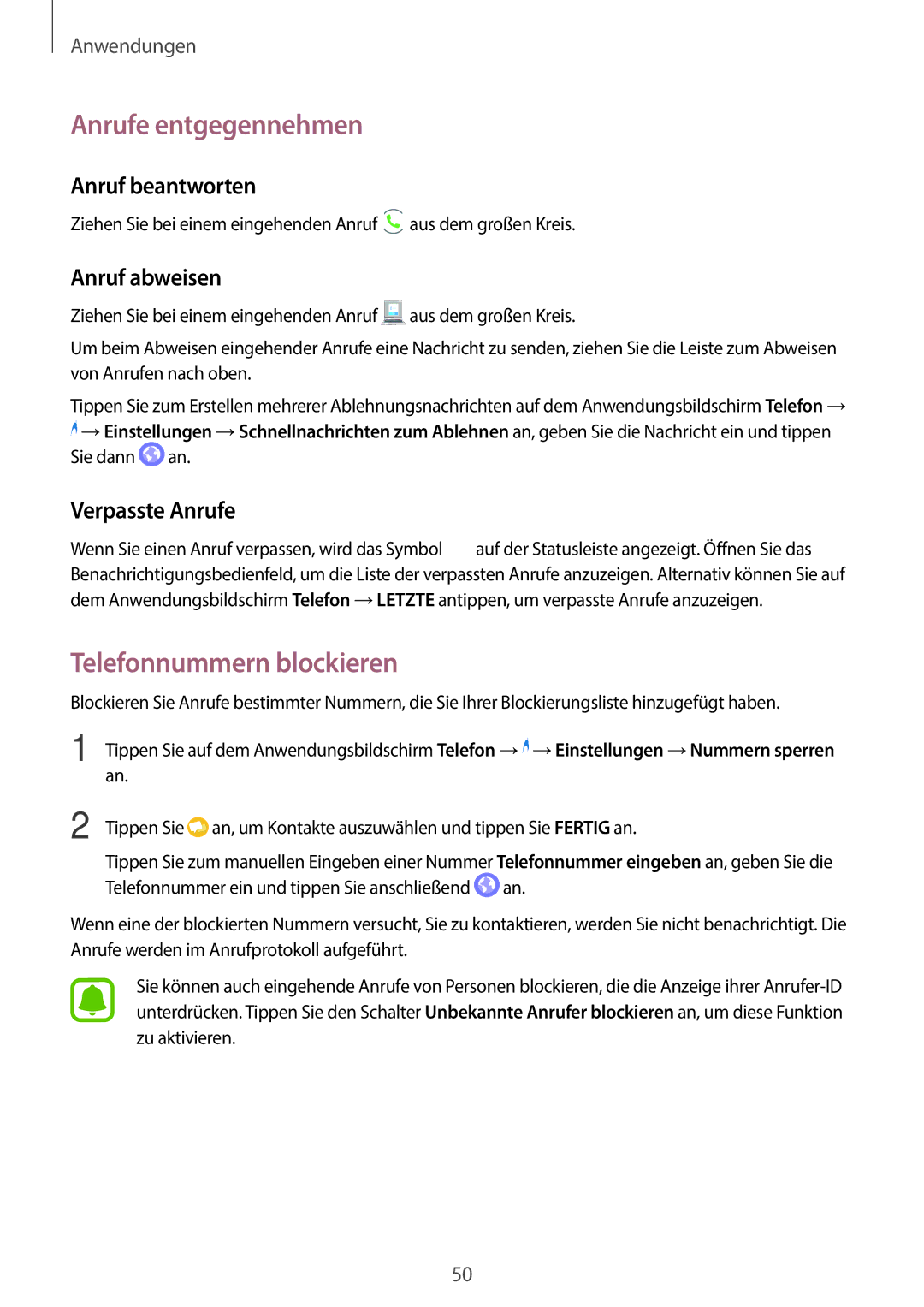 Samsung SM-T585NZWEDBT, SM-T585NZKEDBT Anrufe entgegennehmen, Telefonnummern blockieren, Anruf beantworten, Anruf abweisen 