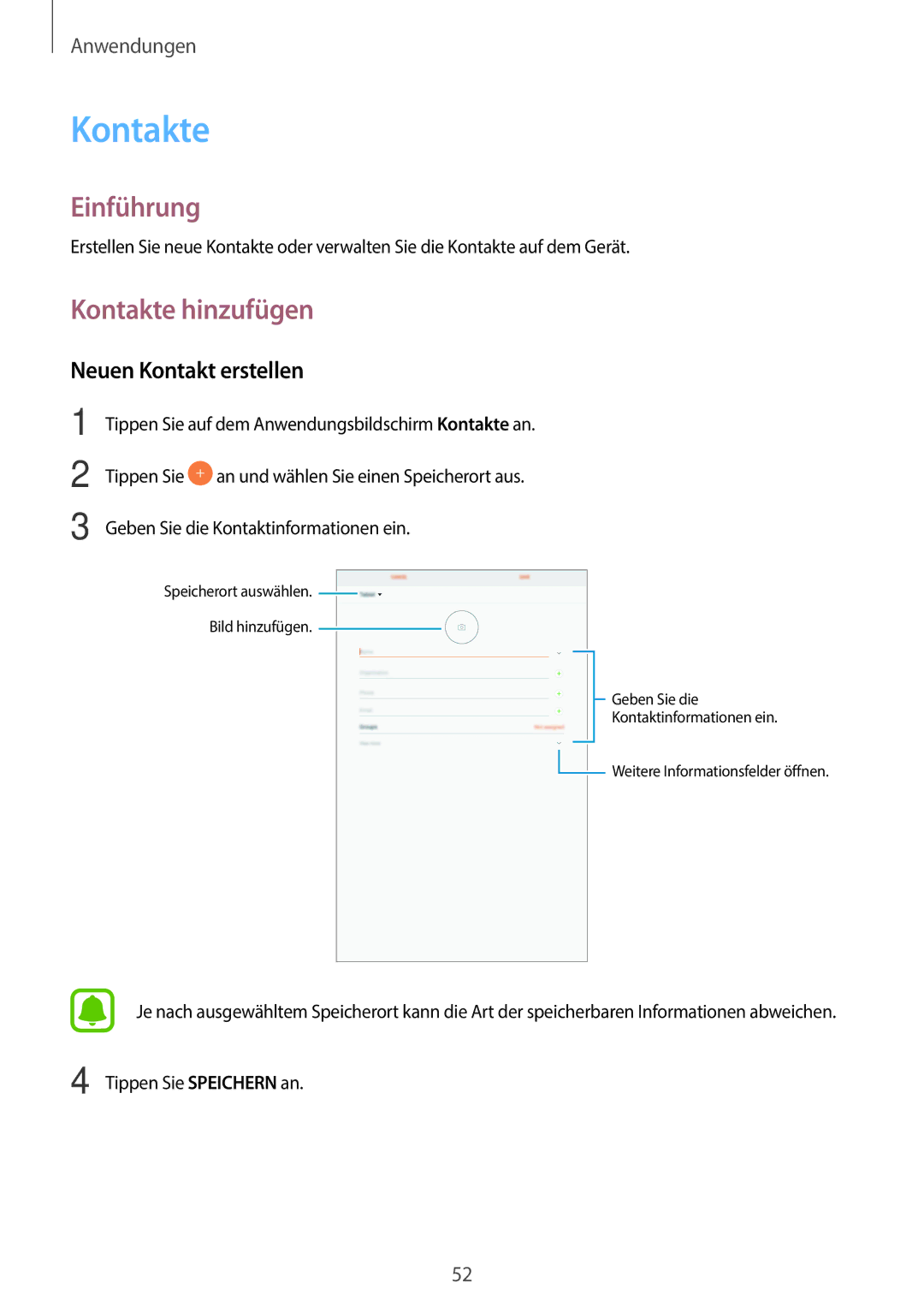 Samsung SM-T585NZKEDBT, SM-T585NZKADBT, SM-T585NZWEDBT, SM-T585NZWADBT manual Kontakte hinzufügen, Neuen Kontakt erstellen 