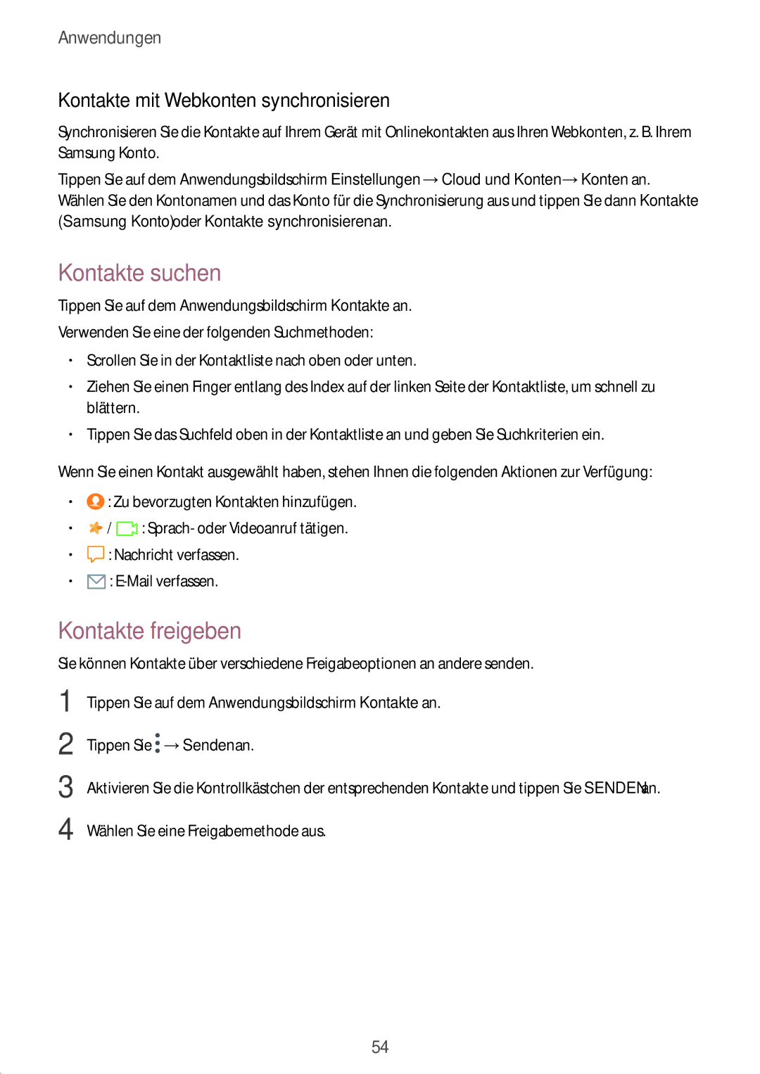 Samsung SM-T585NZWEDBT, SM-T585NZKEDBT manual Kontakte suchen, Kontakte freigeben, Kontakte mit Webkonten synchronisieren 