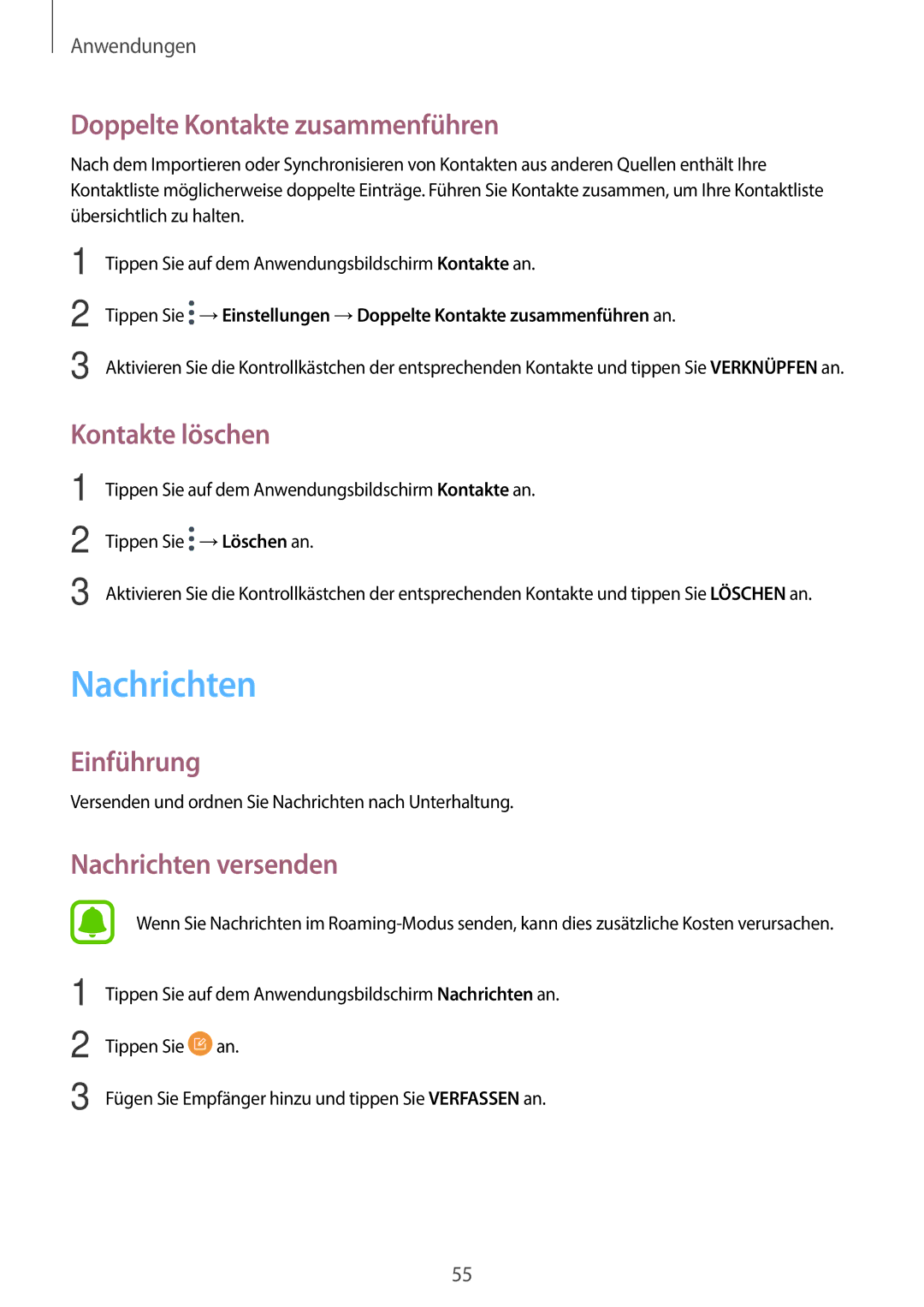 Samsung SM-T585NZWADBT, SM-T585NZKEDBT manual Doppelte Kontakte zusammenführen, Kontakte löschen, Nachrichten versenden 