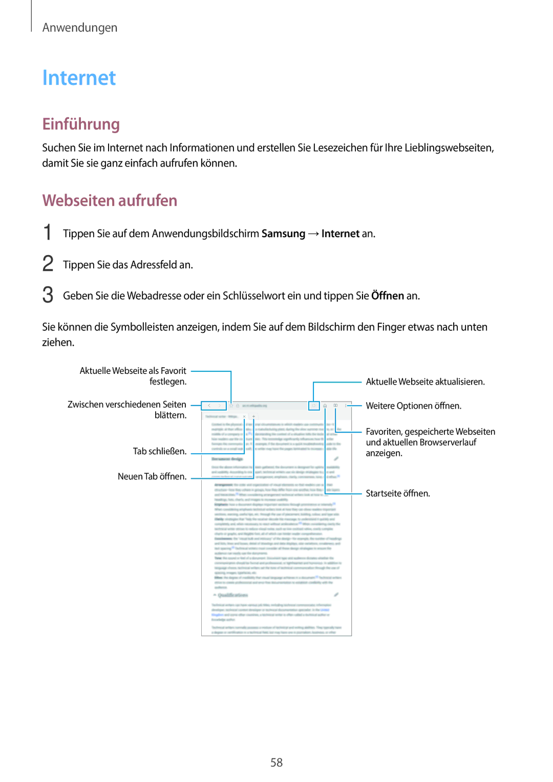 Samsung SM-T585NZWEDBT, SM-T585NZKEDBT, SM-T585NZKADBT, SM-T585NZWADBT manual Internet, Webseiten aufrufen 