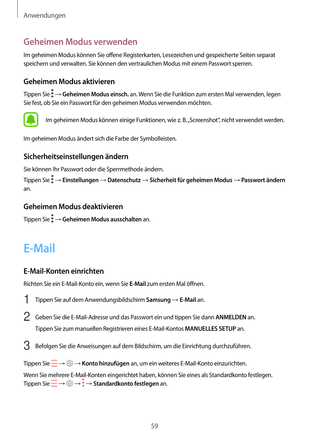 Samsung SM-T585NZWADBT, SM-T585NZKEDBT, SM-T585NZKADBT, SM-T585NZWEDBT manual Mail, Geheimen Modus verwenden 