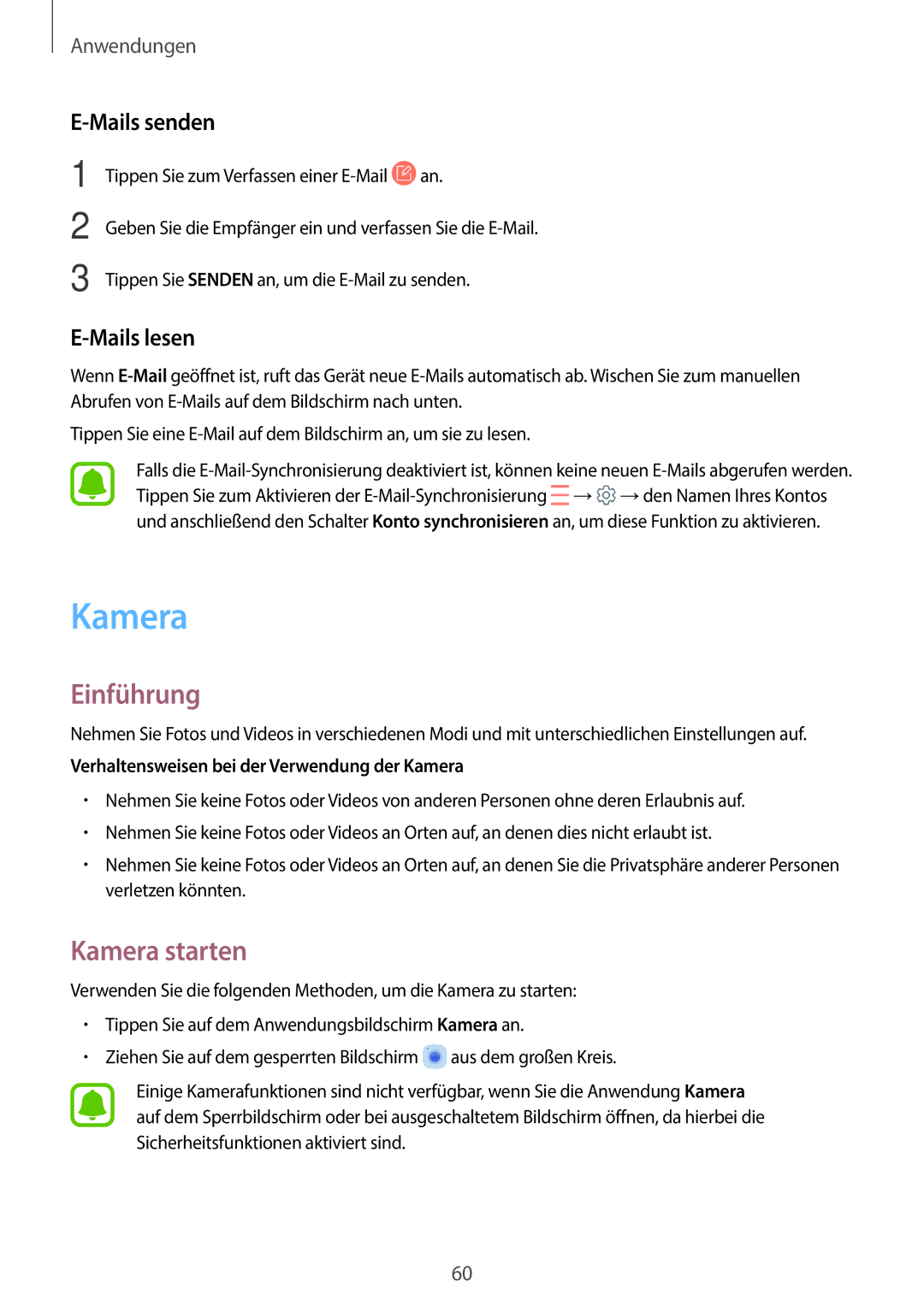 Samsung SM-T585NZKEDBT manual Kamera starten, Mails senden, Mails lesen, Verhaltensweisen bei der Verwendung der Kamera 