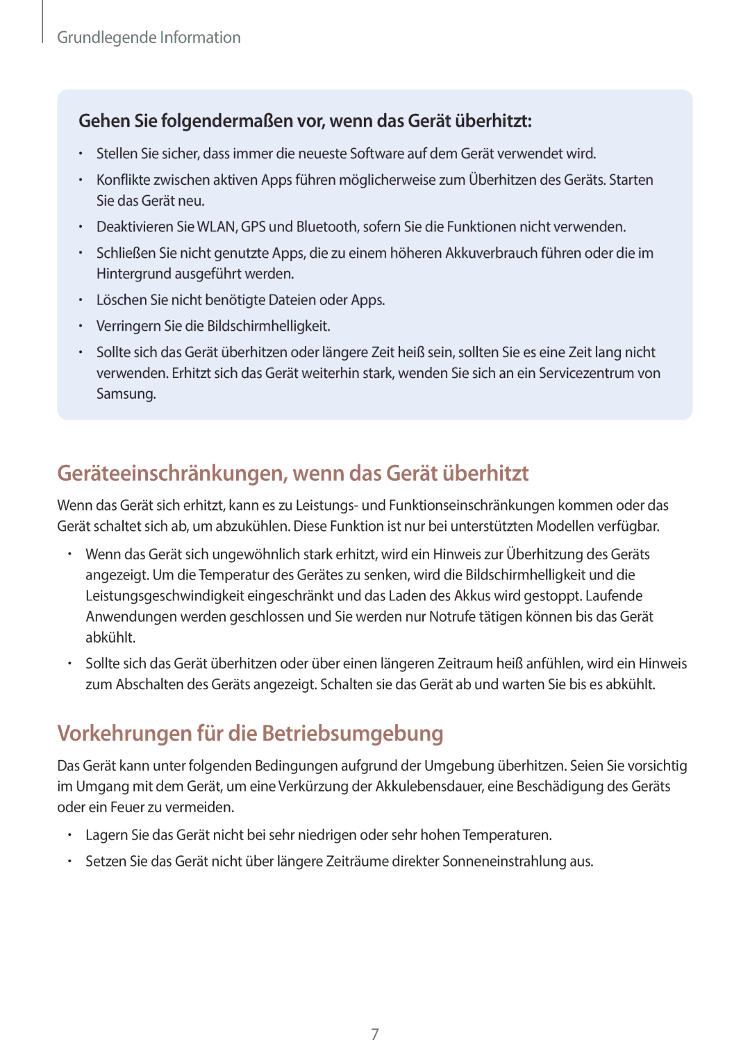 Samsung SM-T585NZWADBT manual Geräteeinschränkungen, wenn das Gerät überhitzt, Vorkehrungen für die Betriebsumgebung 