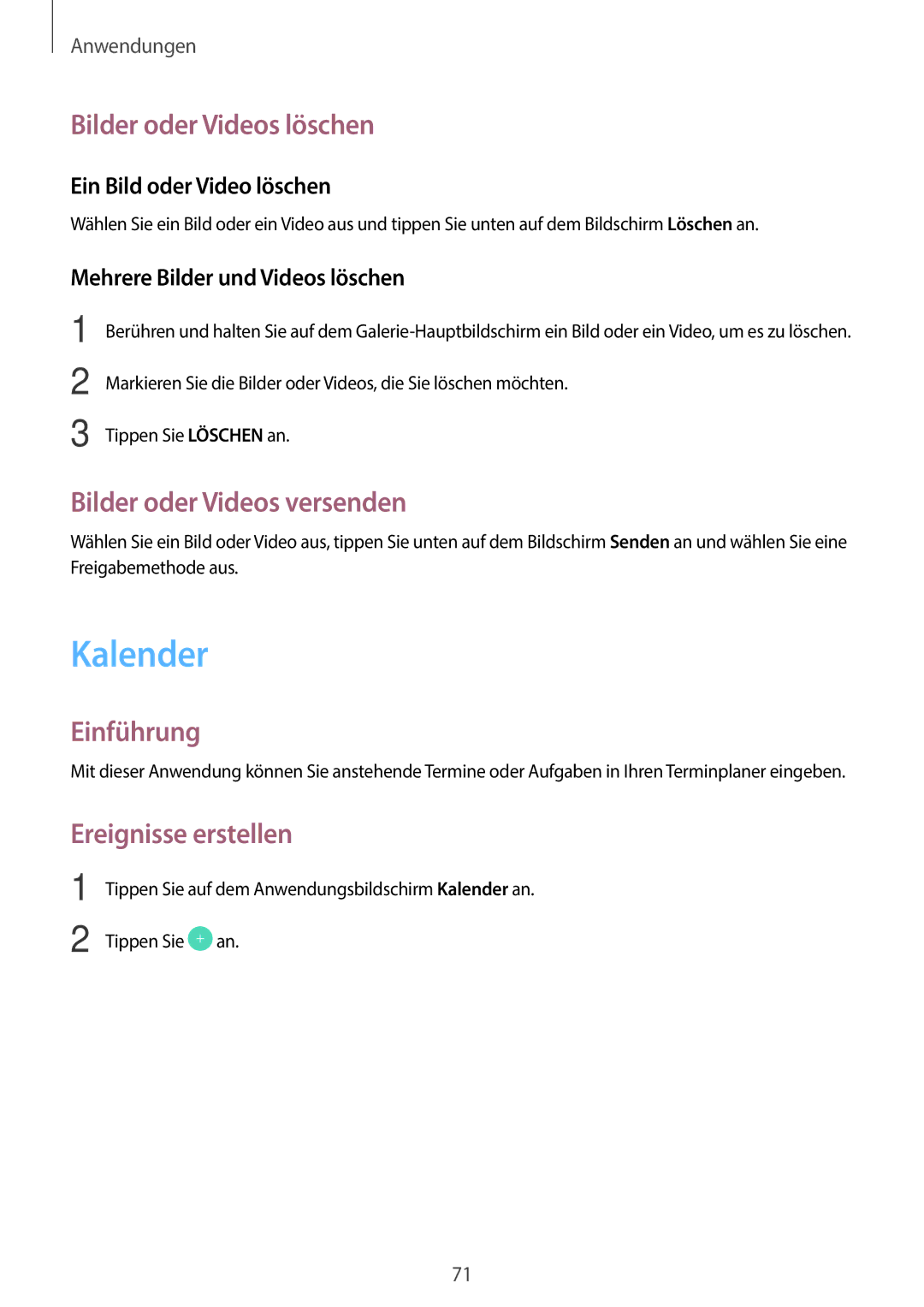 Samsung SM-T585NZWADBT manual Kalender, Bilder oder Videos löschen, Bilder oder Videos versenden, Ereignisse erstellen 