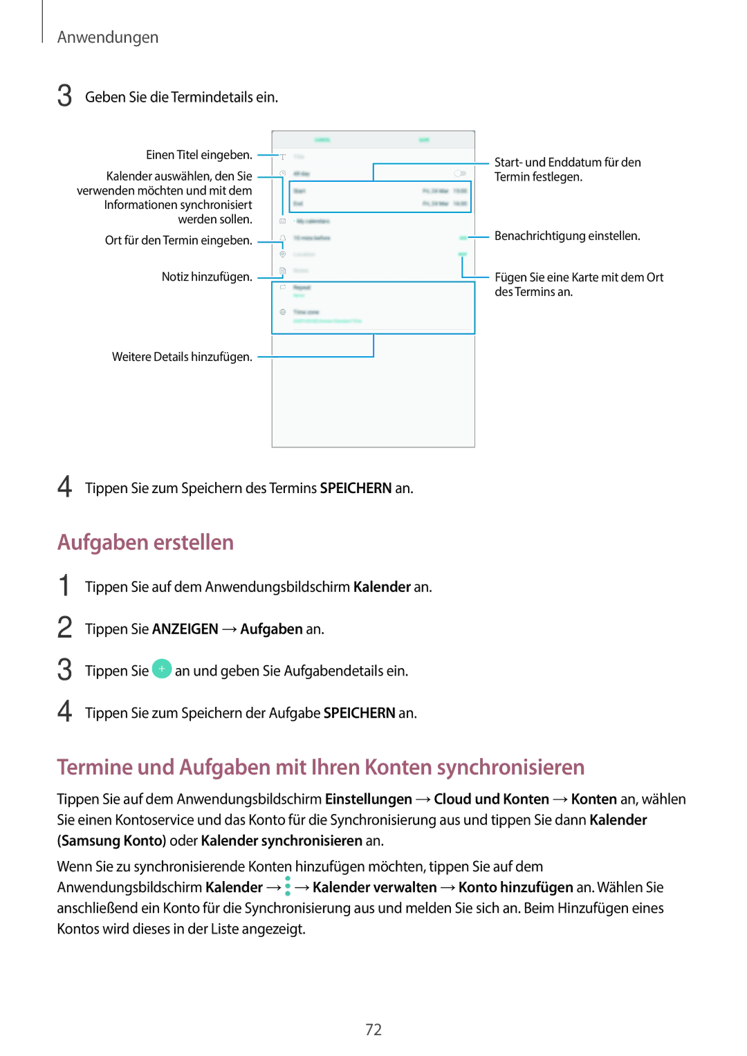 Samsung SM-T585NZKEDBT, SM-T585NZKADBT manual Aufgaben erstellen, Termine und Aufgaben mit Ihren Konten synchronisieren 