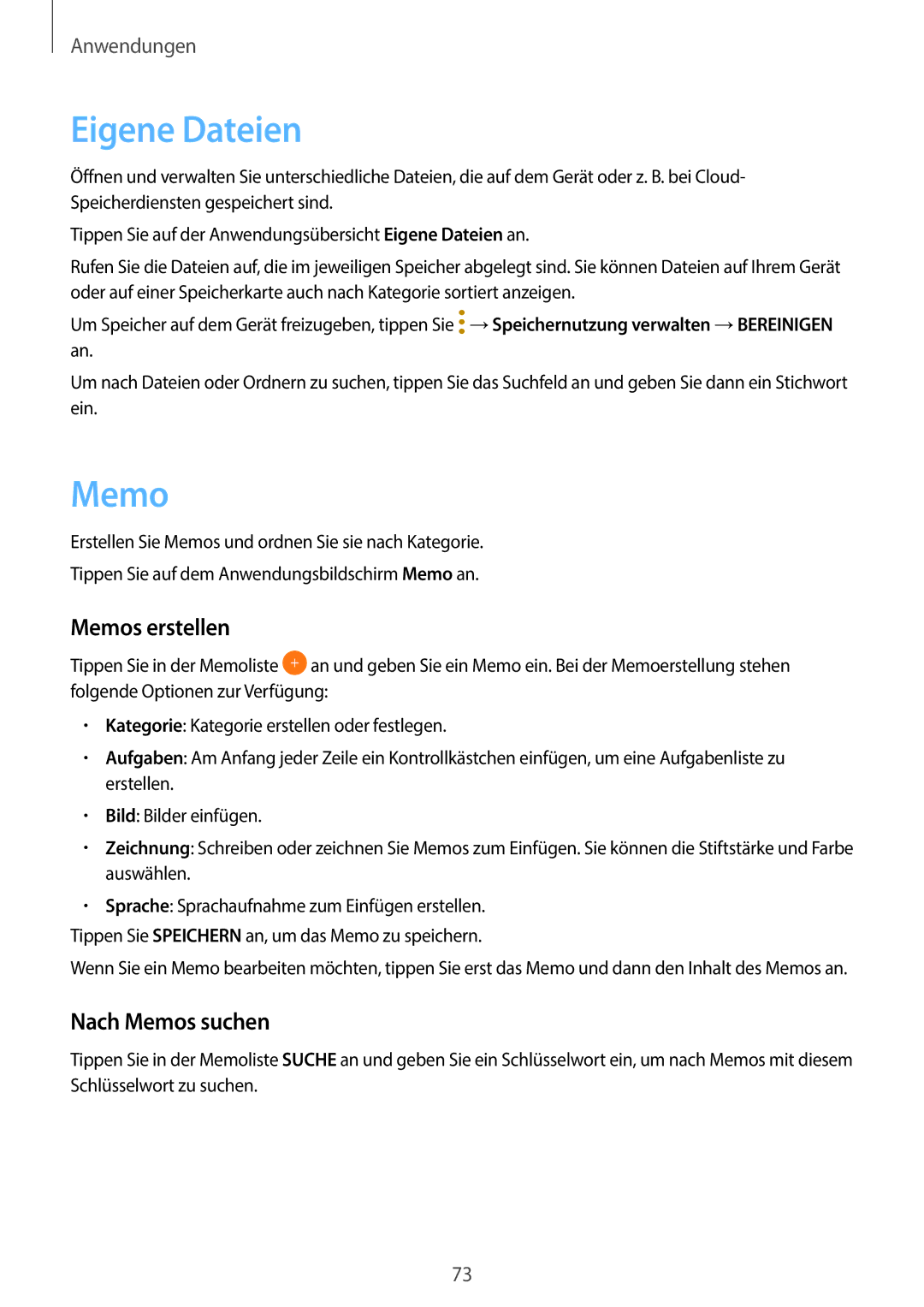 Samsung SM-T585NZKADBT, SM-T585NZKEDBT, SM-T585NZWEDBT manual Eigene Dateien, Memos erstellen, Nach Memos suchen 