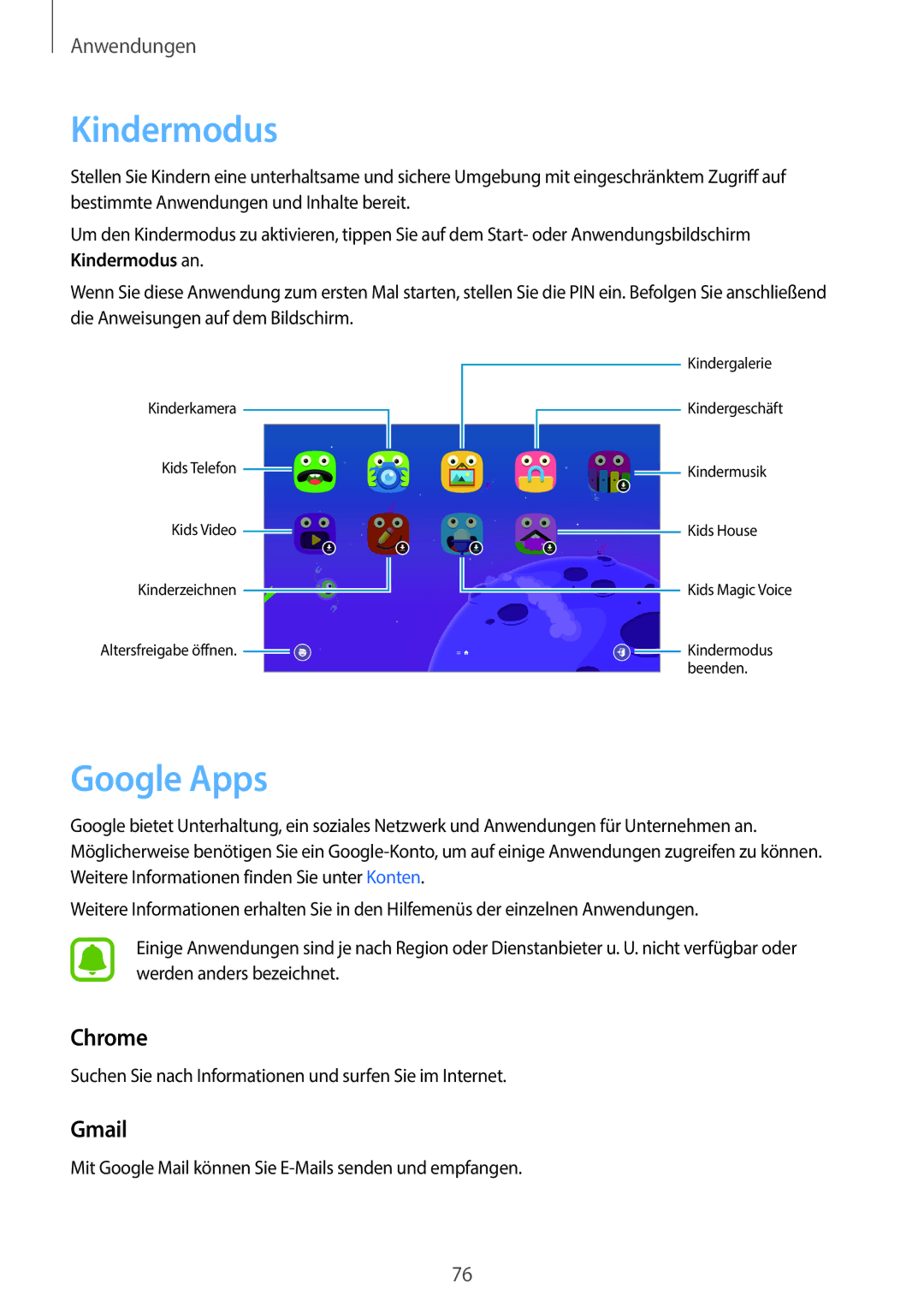 Samsung SM-T585NZKEDBT, SM-T585NZKADBT, SM-T585NZWEDBT, SM-T585NZWADBT manual Kindermodus, Google Apps, Chrome, Gmail 