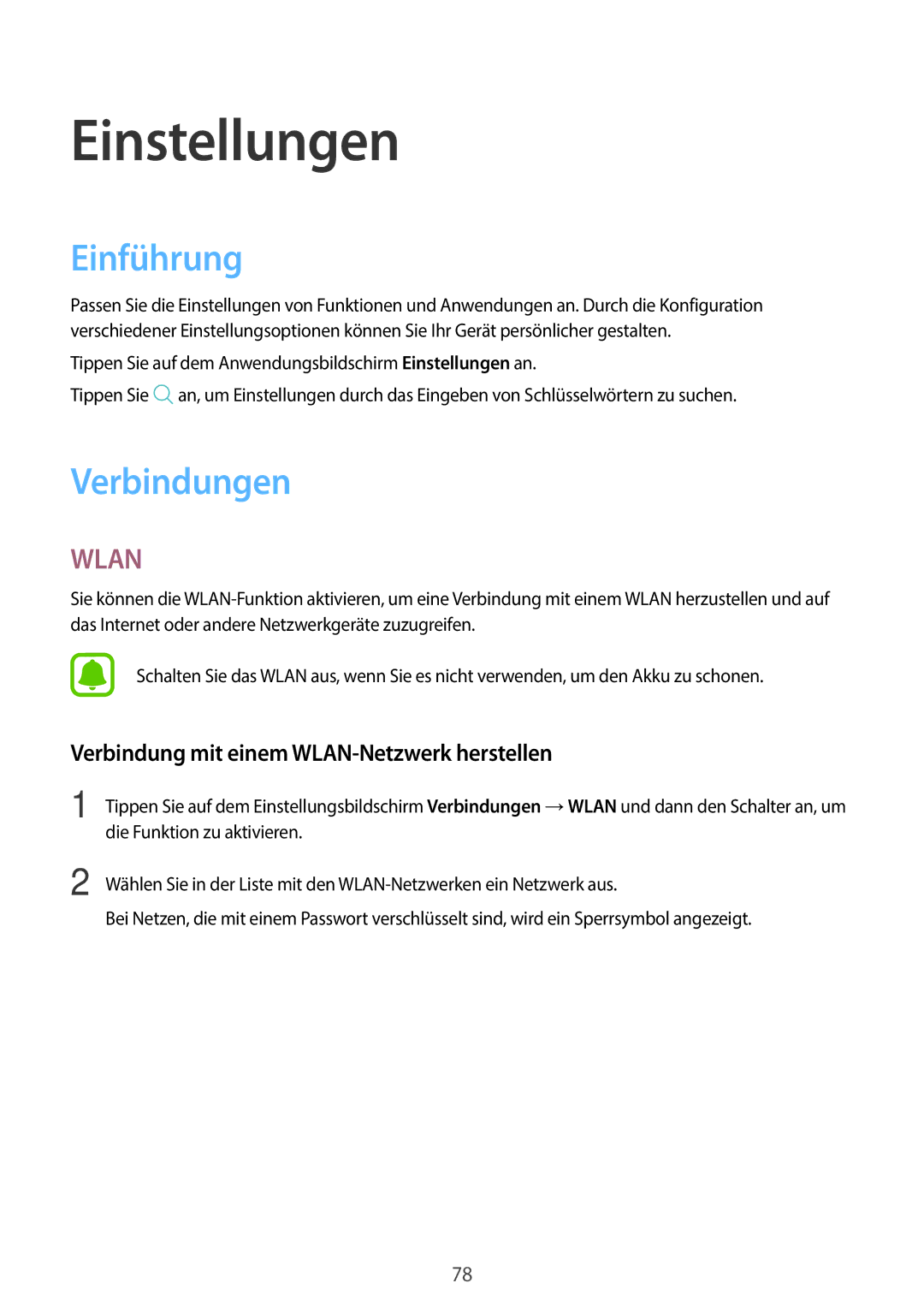 Samsung SM-T585NZWEDBT, SM-T585NZKEDBT manual Einführung, Verbindungen, Verbindung mit einem WLAN-Netzwerk herstellen 