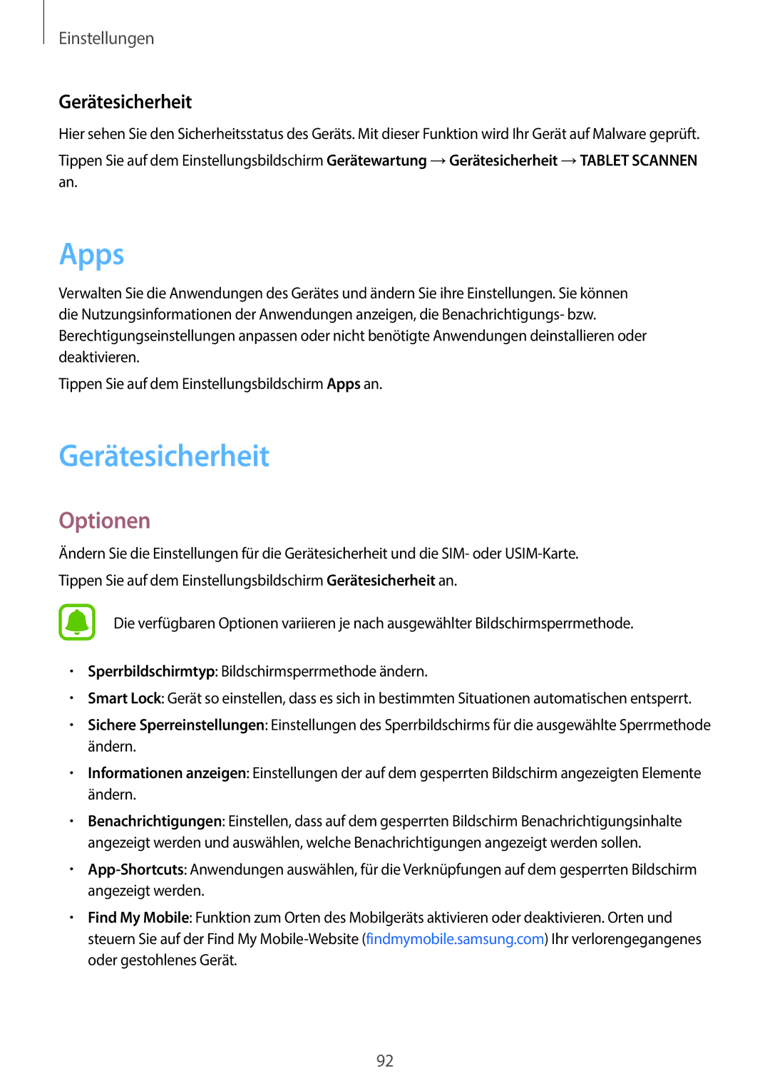 Samsung SM-T585NZKEDBT, SM-T585NZKADBT, SM-T585NZWEDBT, SM-T585NZWADBT manual Apps, Gerätesicherheit 