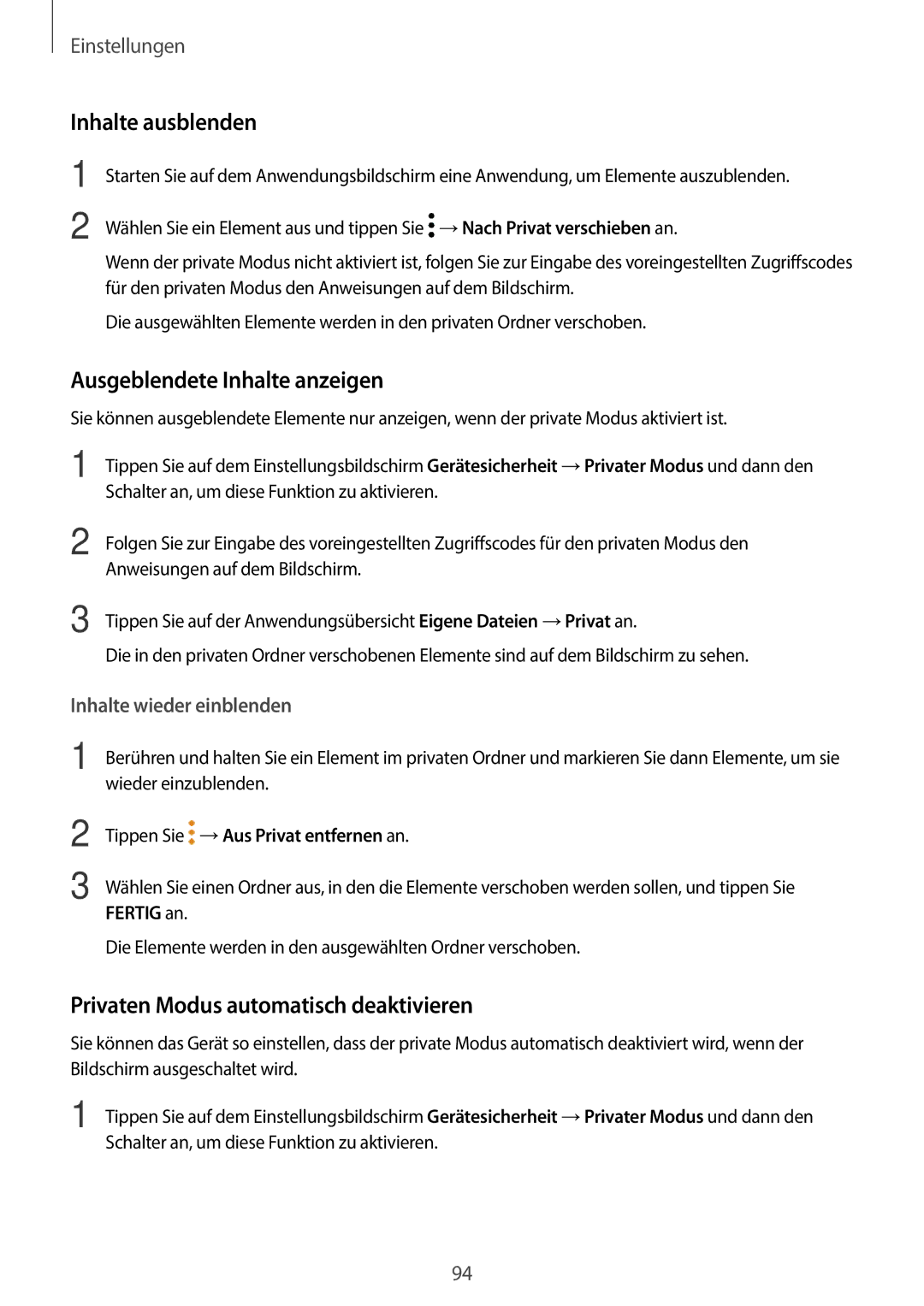 Samsung SM-T585NZWEDBT manual Inhalte ausblenden, Ausgeblendete Inhalte anzeigen, Privaten Modus automatisch deaktivieren 