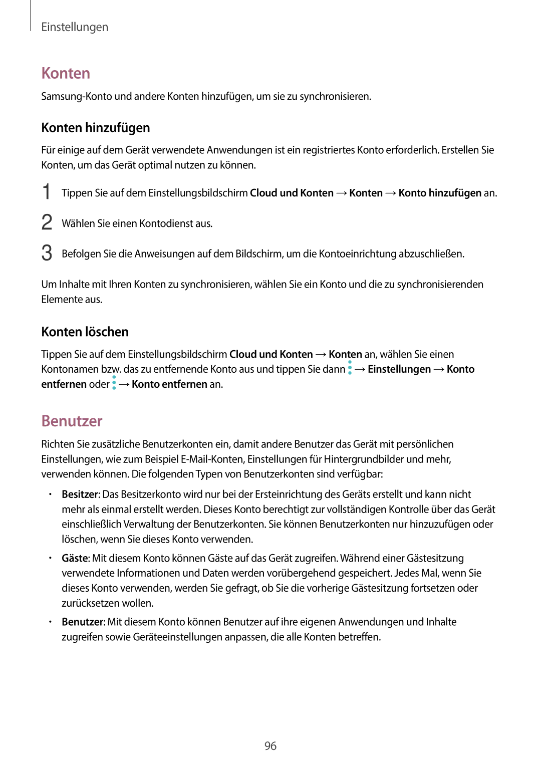 Samsung SM-T585NZKEDBT, SM-T585NZKADBT, SM-T585NZWEDBT, SM-T585NZWADBT manual Benutzer, Konten hinzufügen, Konten löschen 