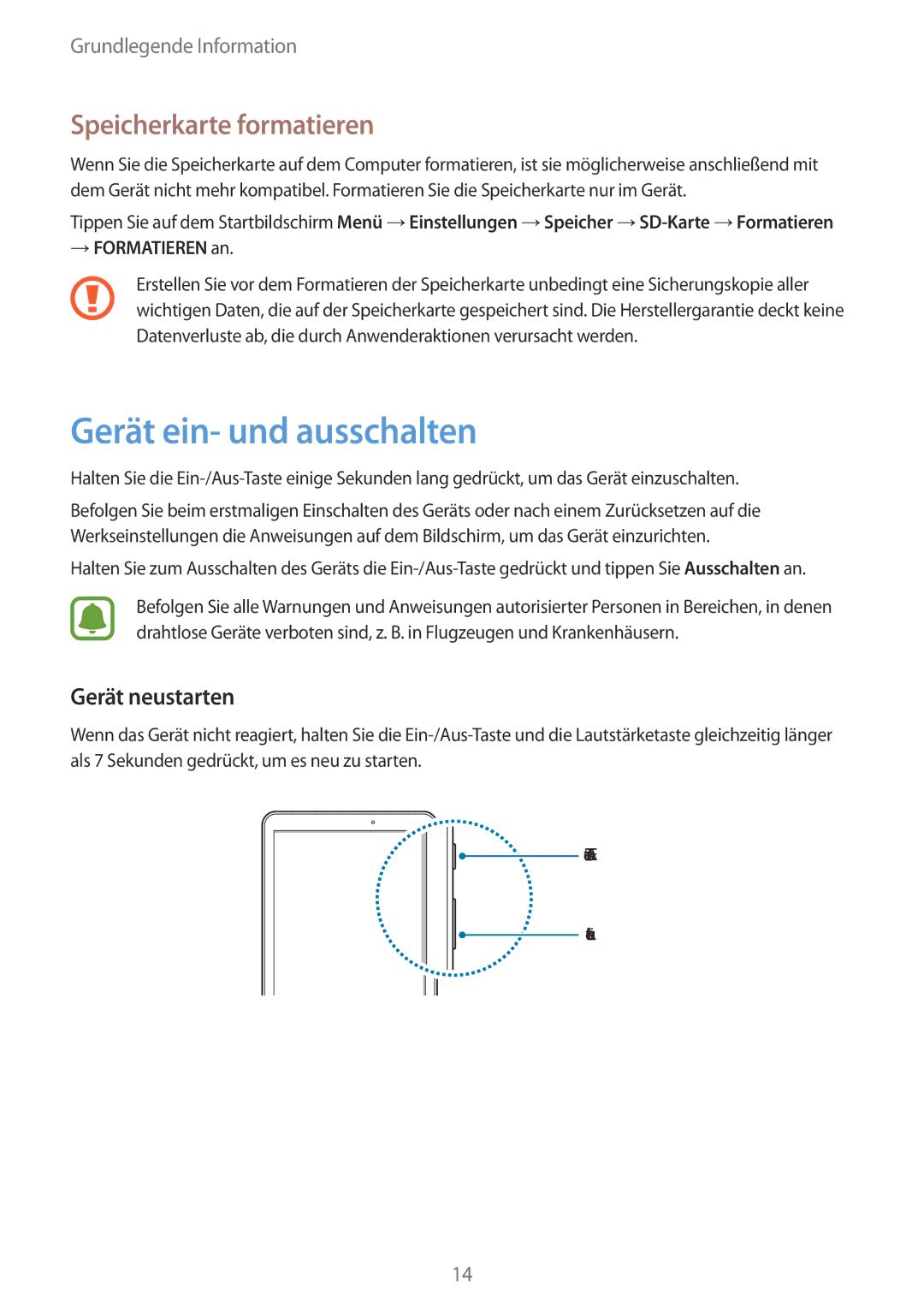 Samsung SM-T585NZWEDBT, SM-T585NZKEDBT manual Gerät ein- und ausschalten, Speicherkarte formatieren, Gerät neustarten 