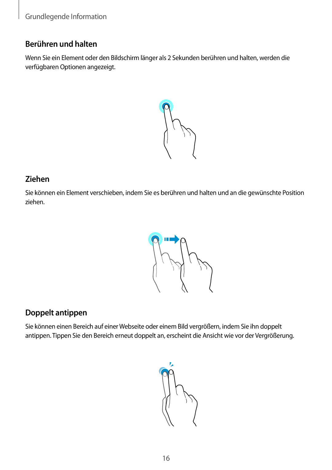 Samsung SM-T585NZKEDBT, SM-T585NZKADBT, SM-T585NZWEDBT, SM-T585NZWADBT manual Berühren und halten, Ziehen, Doppelt antippen 