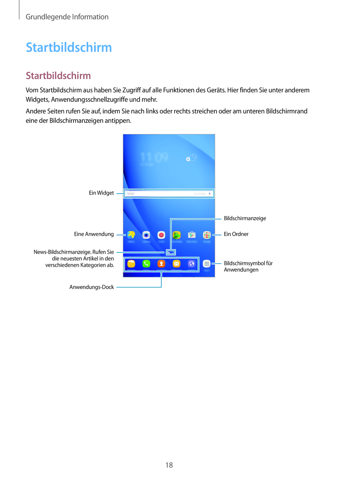 Samsung SM-T585NZWEDBT, SM-T585NZKEDBT, SM-T585NZKADBT, SM-T585NZWADBT manual Startbildschirm 