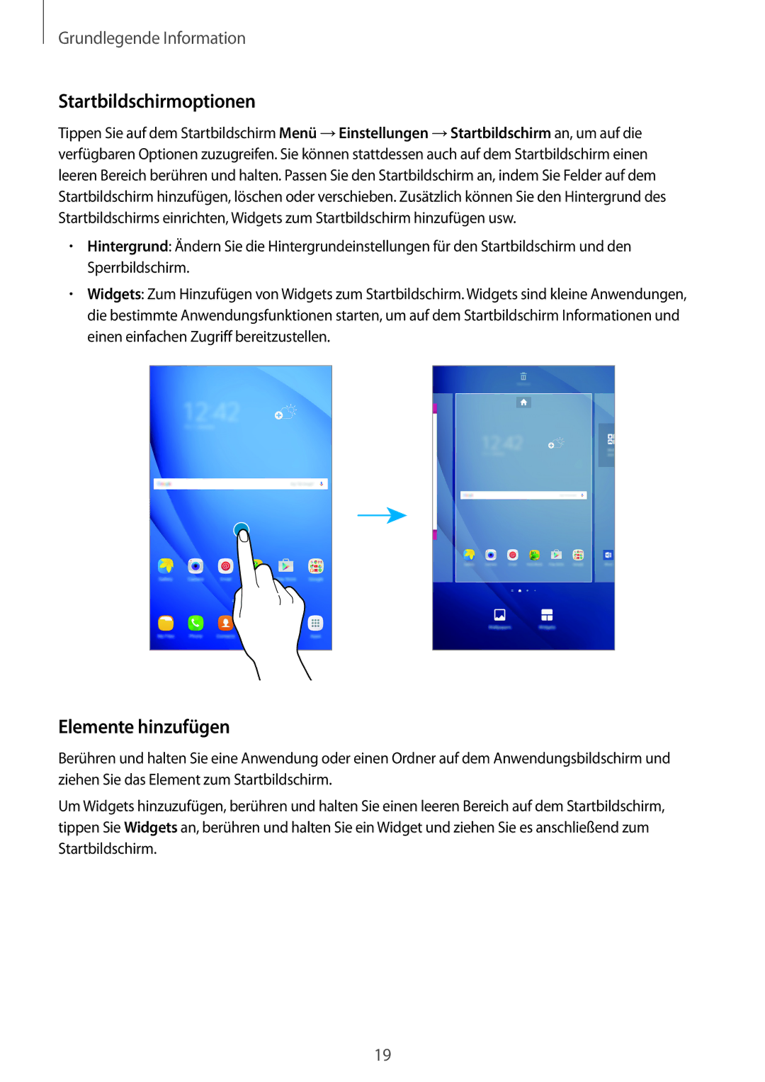 Samsung SM-T585NZWADBT, SM-T585NZKEDBT, SM-T585NZKADBT, SM-T585NZWEDBT manual Startbildschirmoptionen, Elemente hinzufügen 