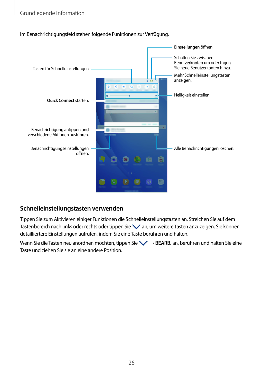 Samsung SM-T585NZWEDBT, SM-T585NZKEDBT, SM-T585NZKADBT manual Schnelleinstellungstasten verwenden, Quick Connect starten 