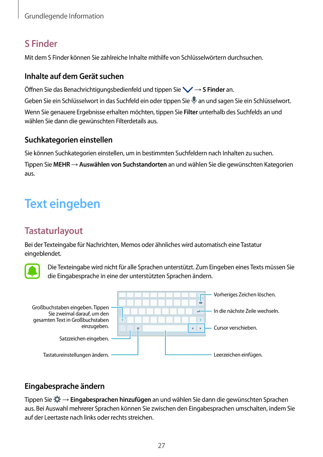 Samsung SM-T585NZWADBT, SM-T585NZKEDBT, SM-T585NZKADBT, SM-T585NZWEDBT manual Text eingeben, Finder, Tastaturlayout 