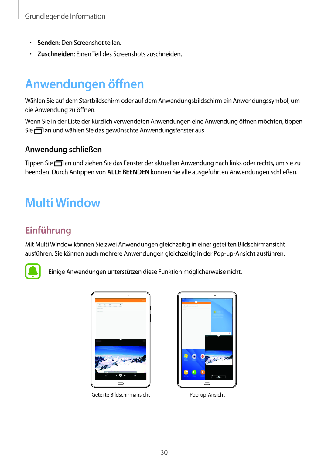 Samsung SM-T585NZWEDBT, SM-T585NZKEDBT, SM-T585NZKADBT Anwendungen öffnen, Multi Window, Einführung, Anwendung schließen 