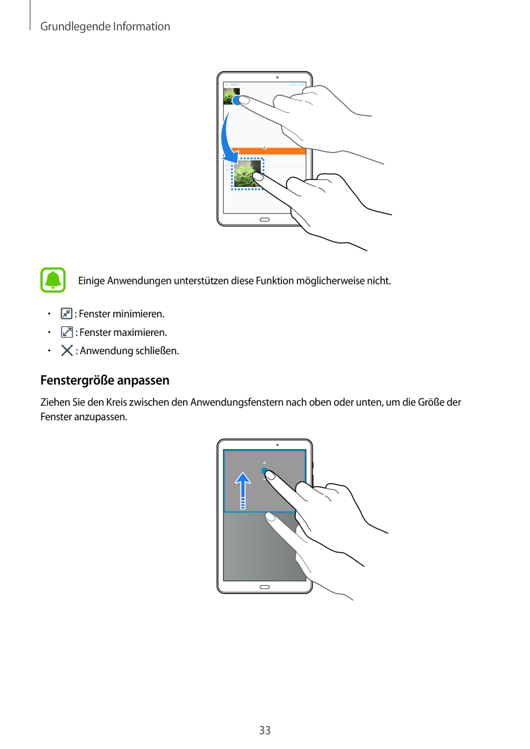 Samsung SM-T585NZKADBT, SM-T585NZKEDBT, SM-T585NZWEDBT, SM-T585NZWADBT manual Fenstergröße anpassen 