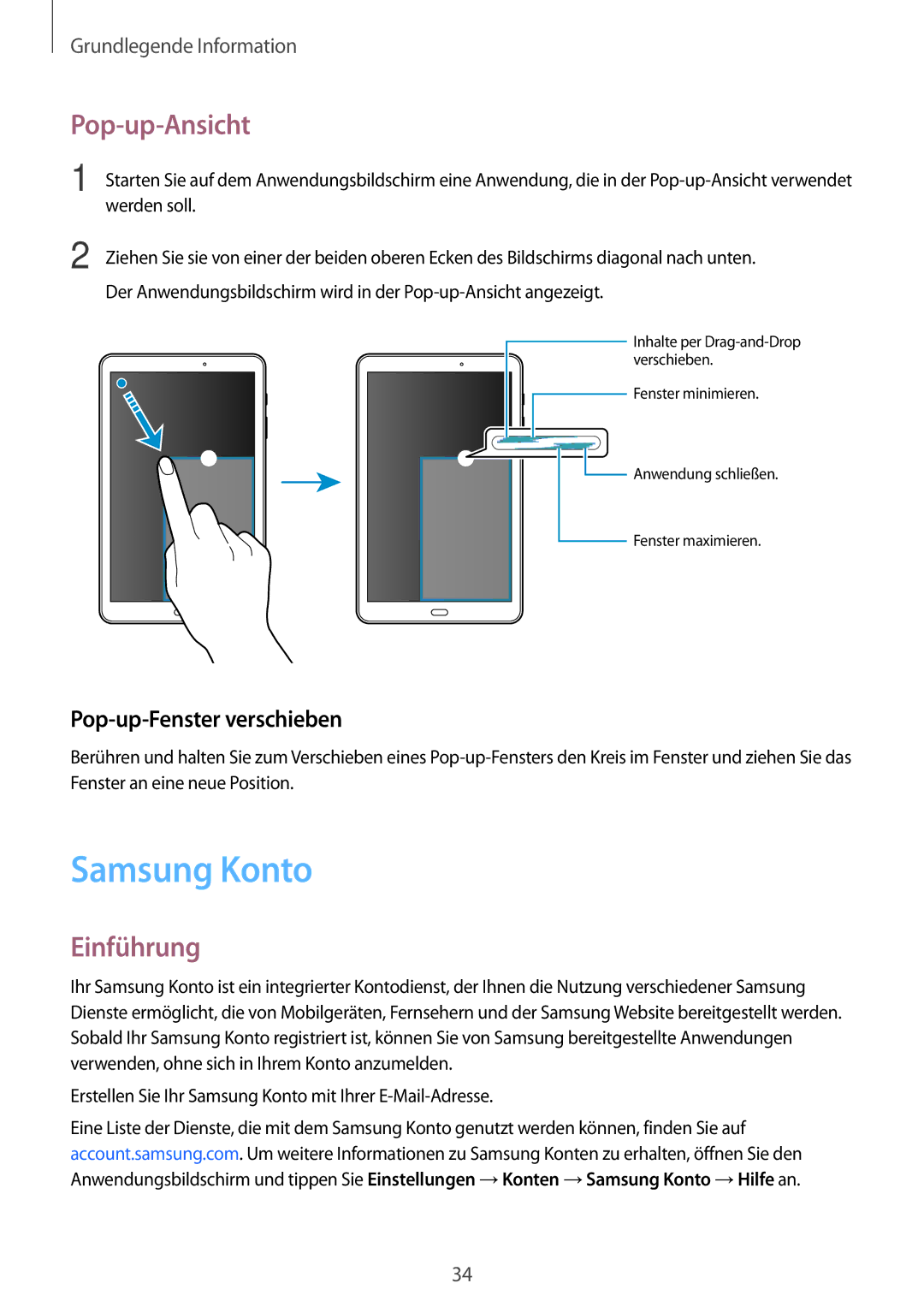 Samsung SM-T585NZWEDBT, SM-T585NZKEDBT, SM-T585NZKADBT manual Samsung Konto, Pop-up-Ansicht, Pop-up-Fenster verschieben 