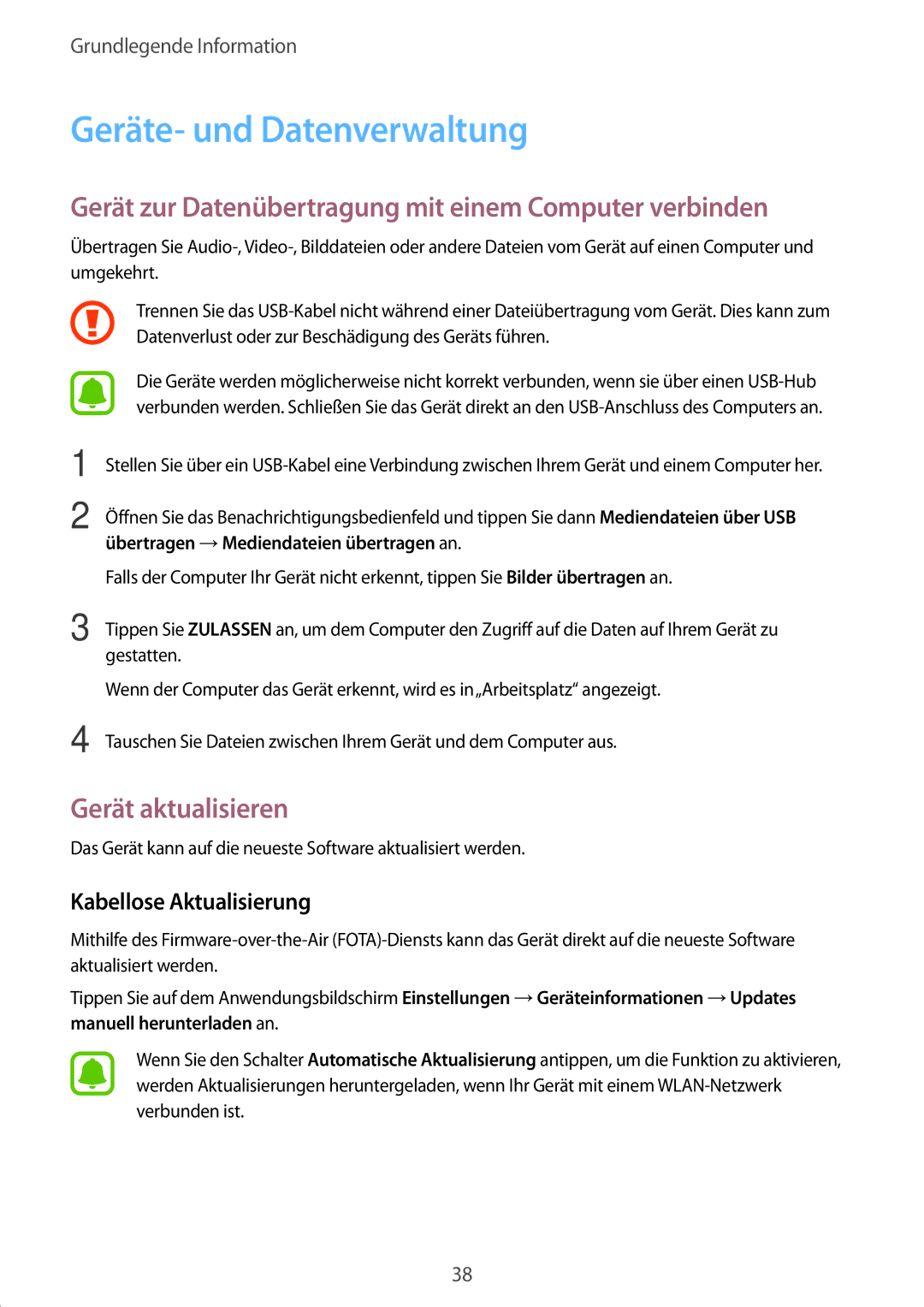 Samsung SM-T585NZWEDBT manual Geräte- und Datenverwaltung, Gerät zur Datenübertragung mit einem Computer verbinden 