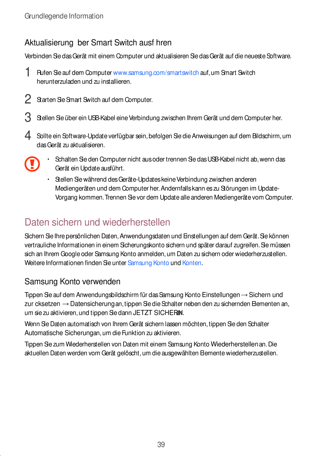 Samsung SM-T585NZWADBT, SM-T585NZKEDBT manual Daten sichern und wiederherstellen, Aktualisierung über Smart Switch ausführen 