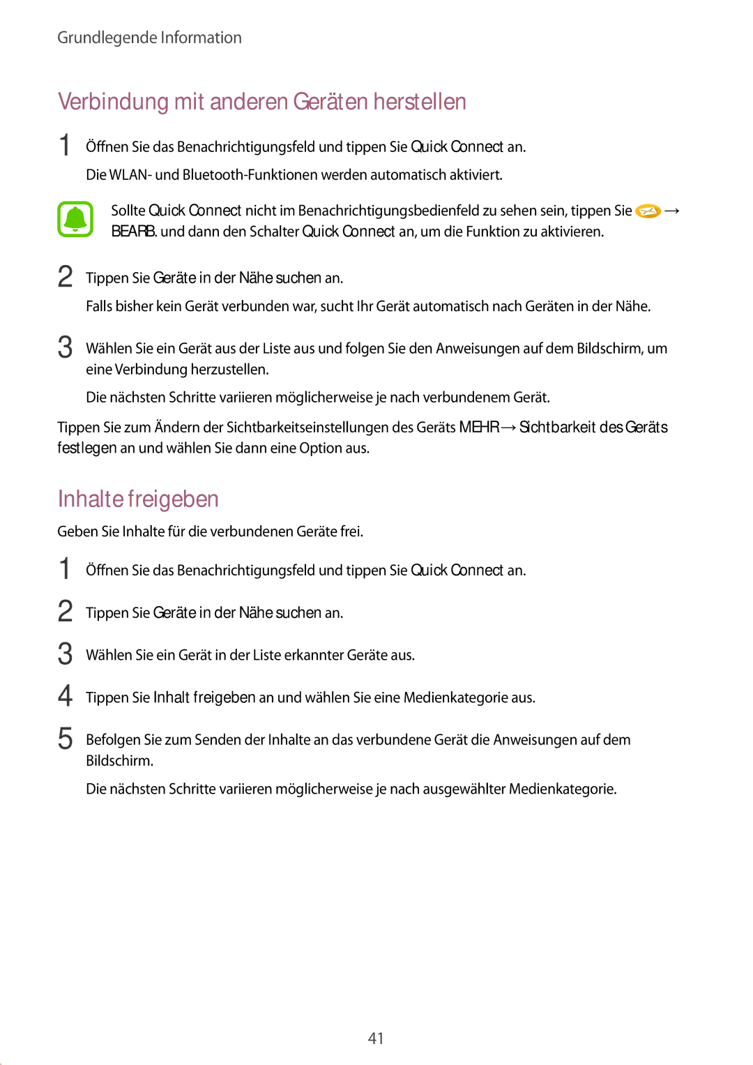 Samsung SM-T585NZKADBT, SM-T585NZKEDBT, SM-T585NZWEDBT manual Verbindung mit anderen Geräten herstellen, Inhalte freigeben 