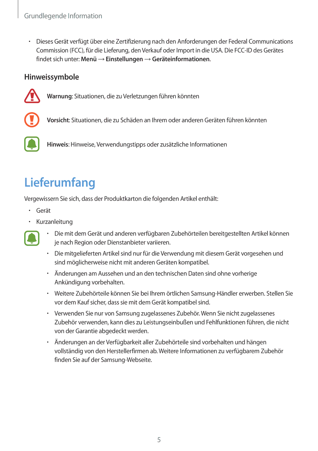 Samsung SM-T585NZKADBT, SM-T585NZKEDBT, SM-T585NZWEDBT, SM-T585NZWADBT manual Lieferumfang, Hinweissymbole 