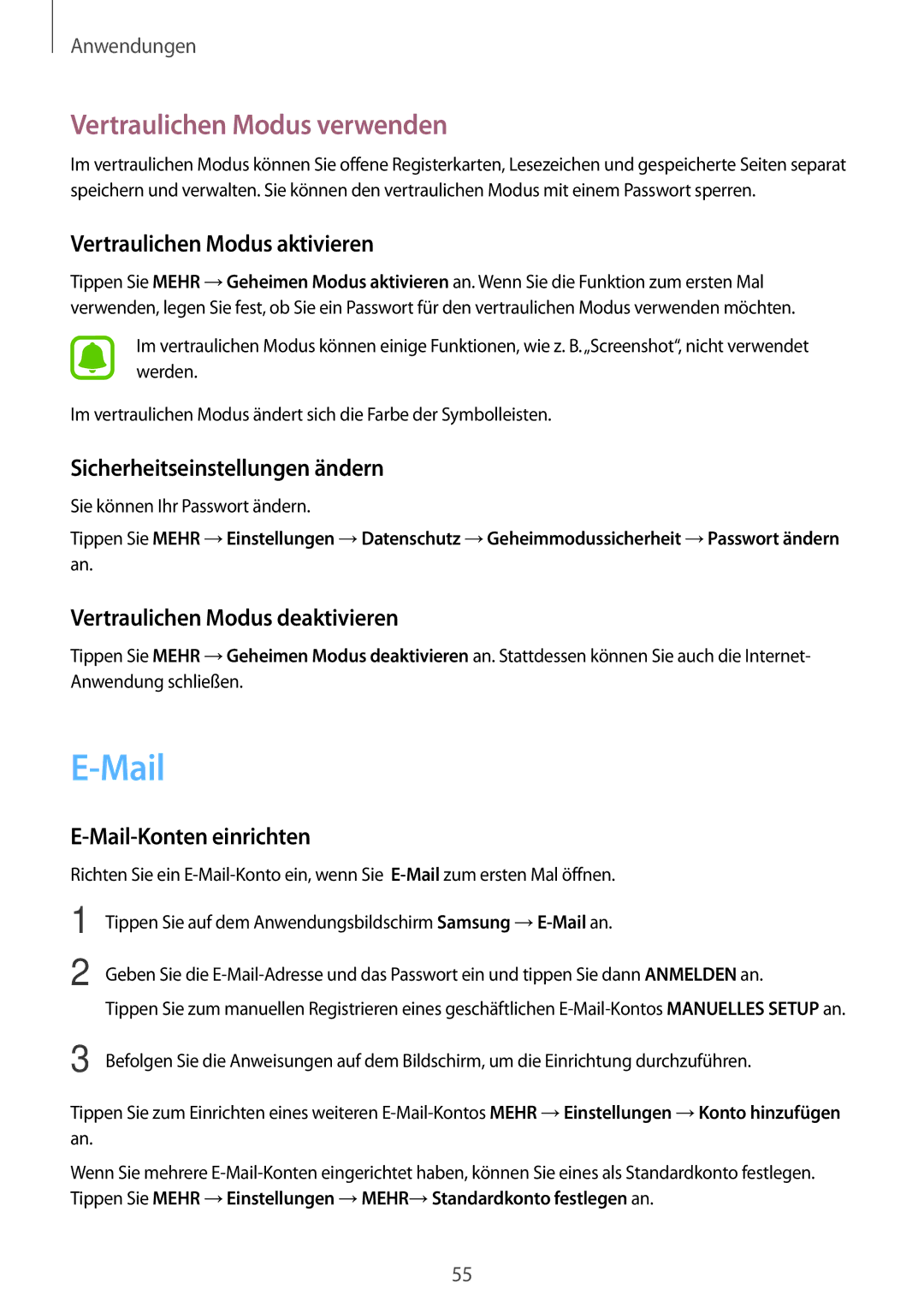 Samsung SM-T585NZWADBT, SM-T585NZKEDBT, SM-T585NZKADBT, SM-T585NZWEDBT manual Mail, Vertraulichen Modus verwenden 