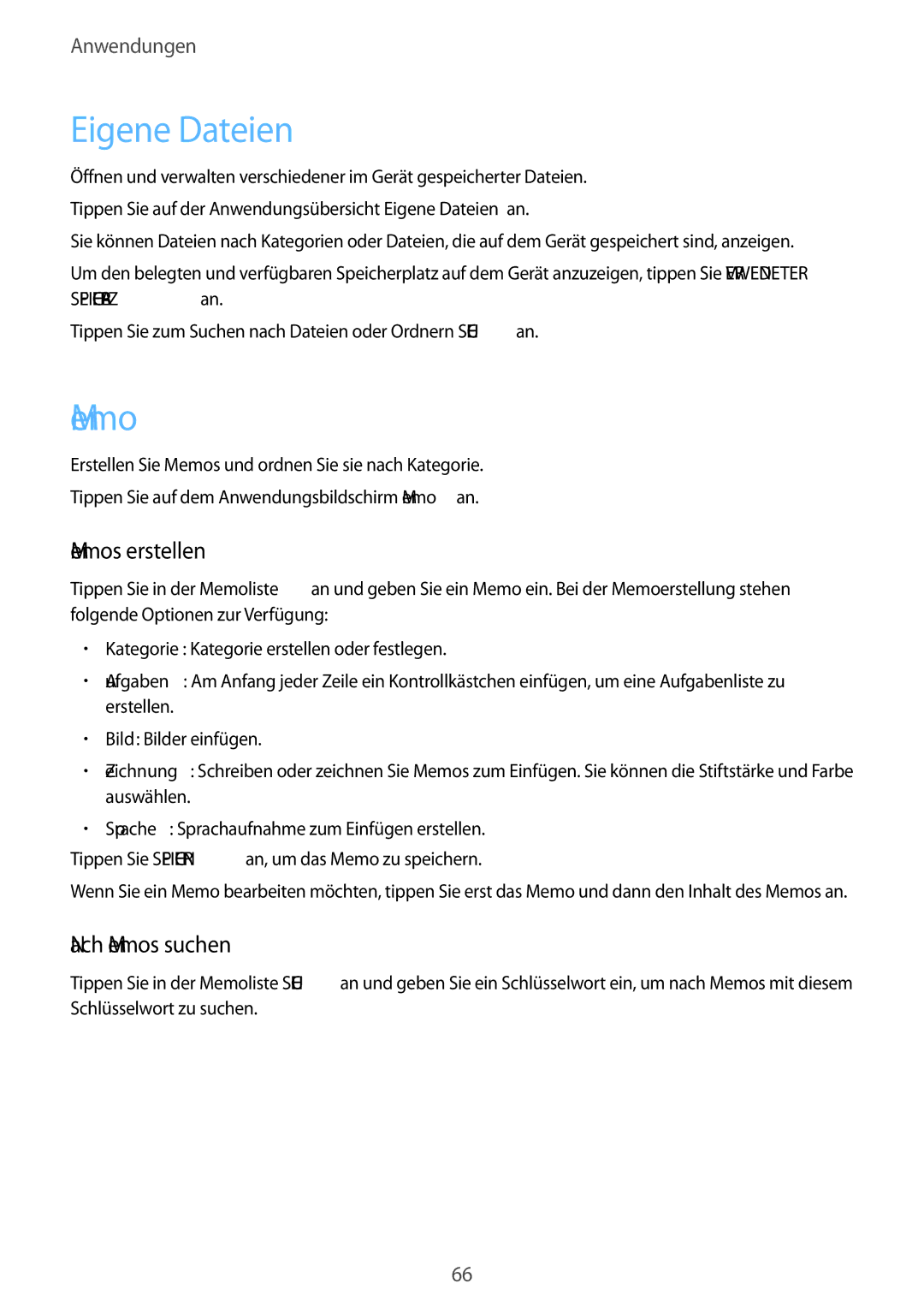 Samsung SM-T585NZWEDBT, SM-T585NZKEDBT, SM-T585NZKADBT manual Eigene Dateien, Memos erstellen, Nach Memos suchen 