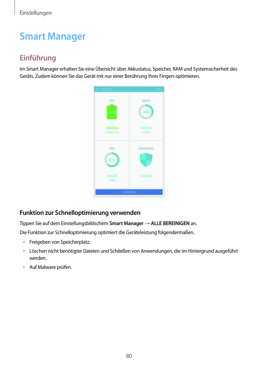 Samsung SM-T585NZKEDBT, SM-T585NZKADBT, SM-T585NZWEDBT manual Smart Manager, Funktion zur Schnelloptimierung verwenden 