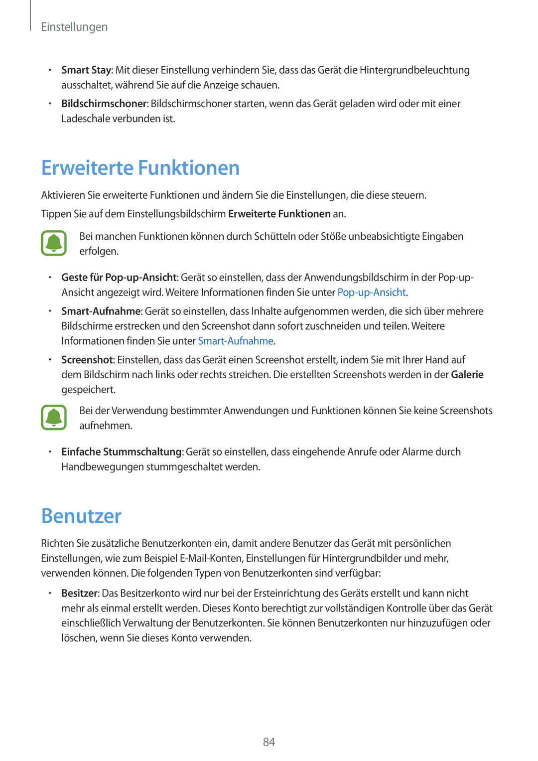 Samsung SM-T585NZKEDBT, SM-T585NZKADBT, SM-T585NZWEDBT, SM-T585NZWADBT manual Erweiterte Funktionen, Benutzer 