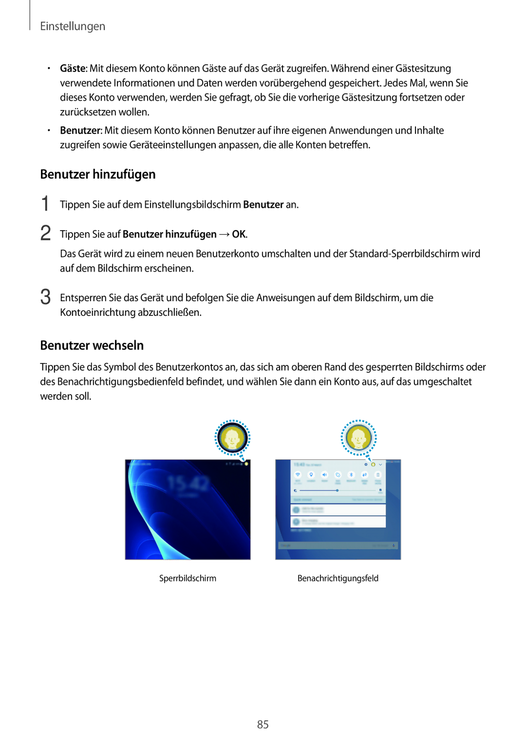 Samsung SM-T585NZKADBT, SM-T585NZKEDBT, SM-T585NZWEDBT, SM-T585NZWADBT manual Benutzer hinzufügen, Benutzer wechseln 