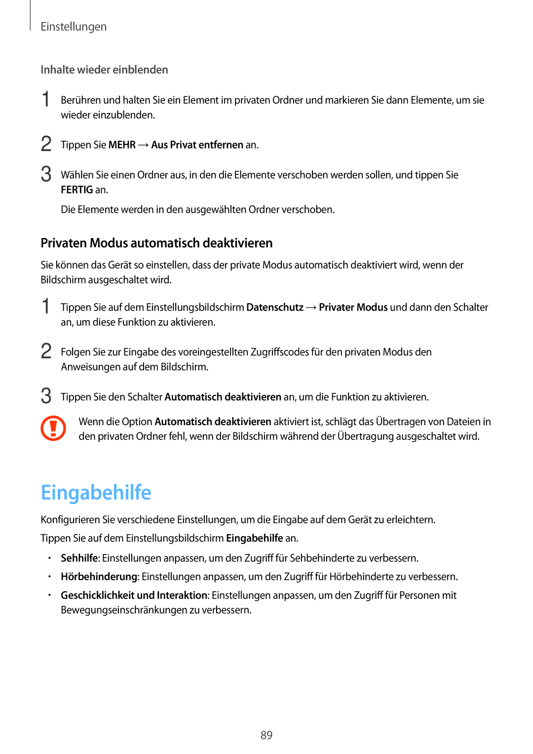 Samsung SM-T585NZKADBT, SM-T585NZKEDBT, SM-T585NZWEDBT, SM-T585NZWADBT Eingabehilfe, Privaten Modus automatisch deaktivieren 