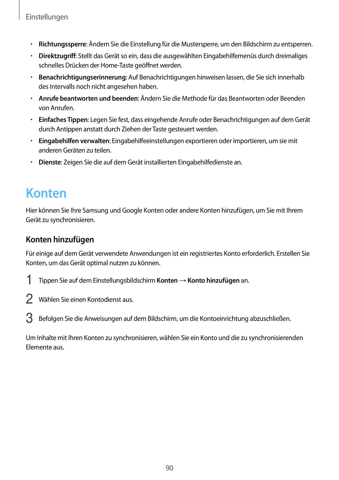 Samsung SM-T585NZWEDBT, SM-T585NZKEDBT, SM-T585NZKADBT, SM-T585NZWADBT manual Konten hinzufügen 