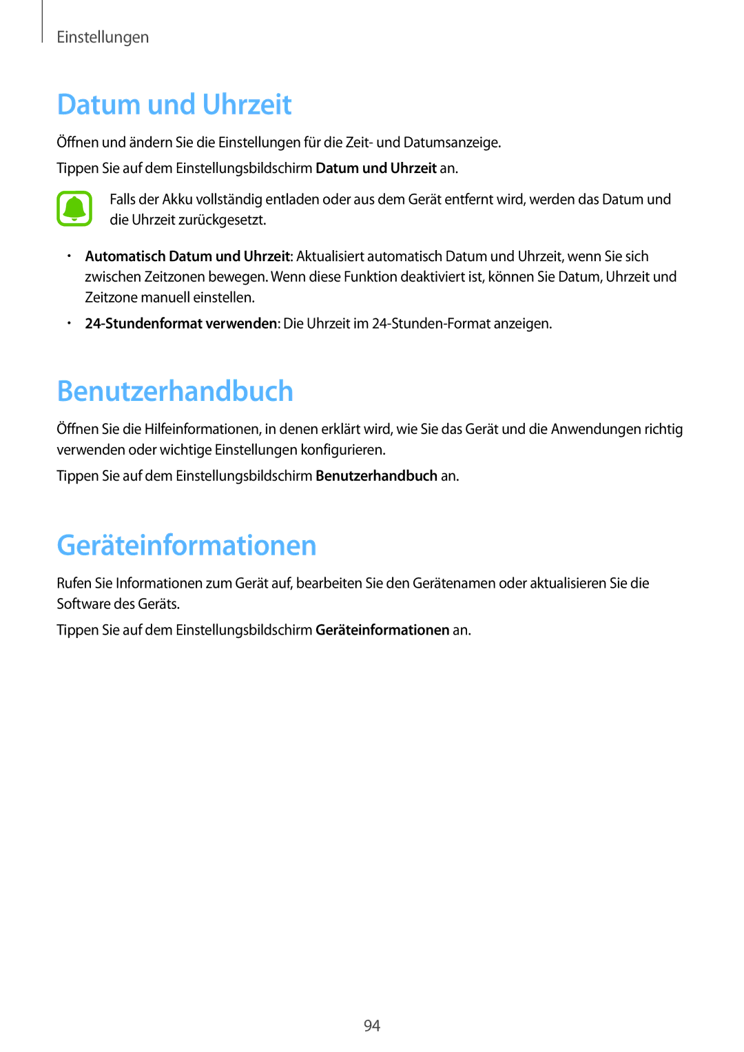 Samsung SM-T585NZWEDBT, SM-T585NZKEDBT, SM-T585NZKADBT manual Datum und Uhrzeit, Benutzerhandbuch, Geräteinformationen 